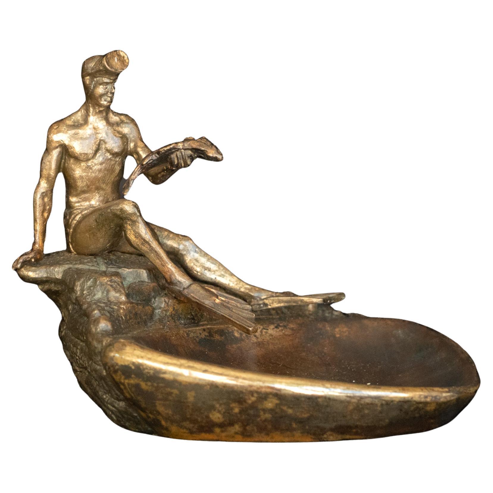 Midcentury Russian Bronze Tray with a Scuba Diver Holding a Fish For Sale