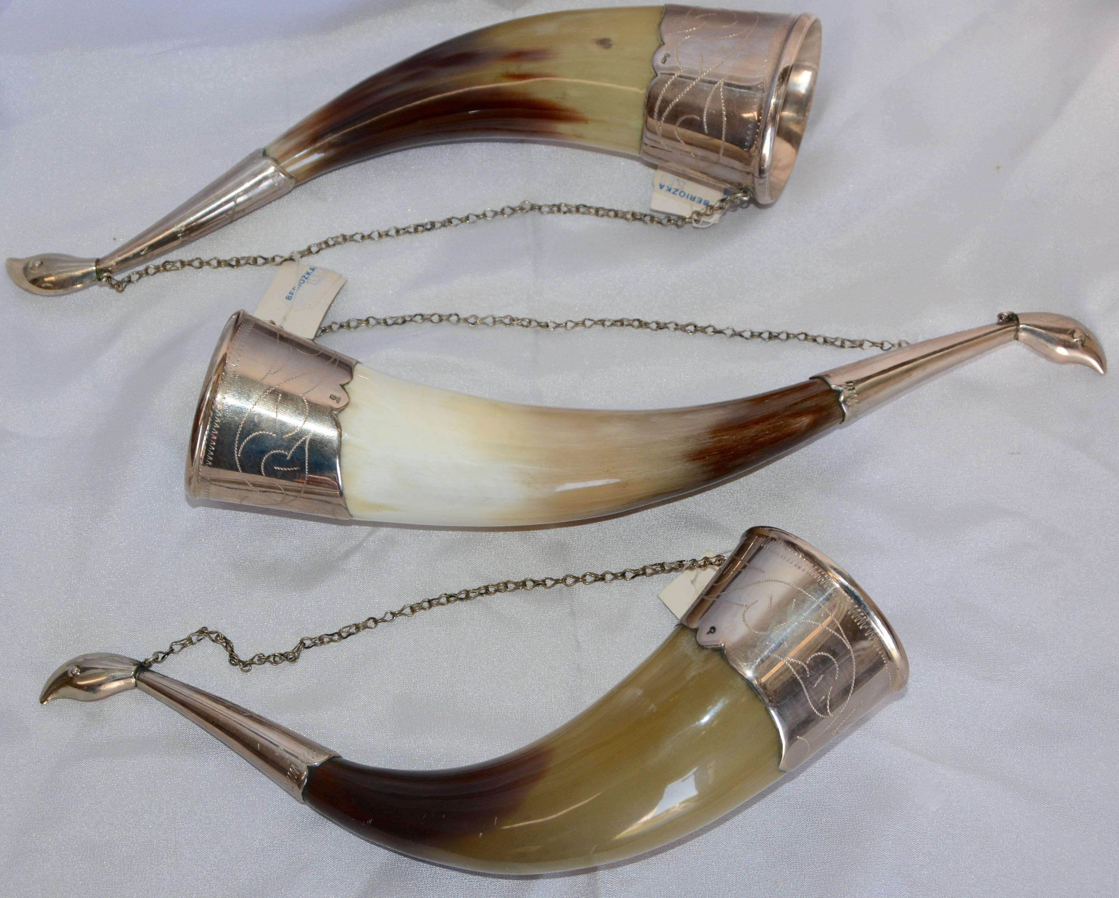 Russian Caucasian Silver Alloy Drinking Horns Midcentury For Sale 1