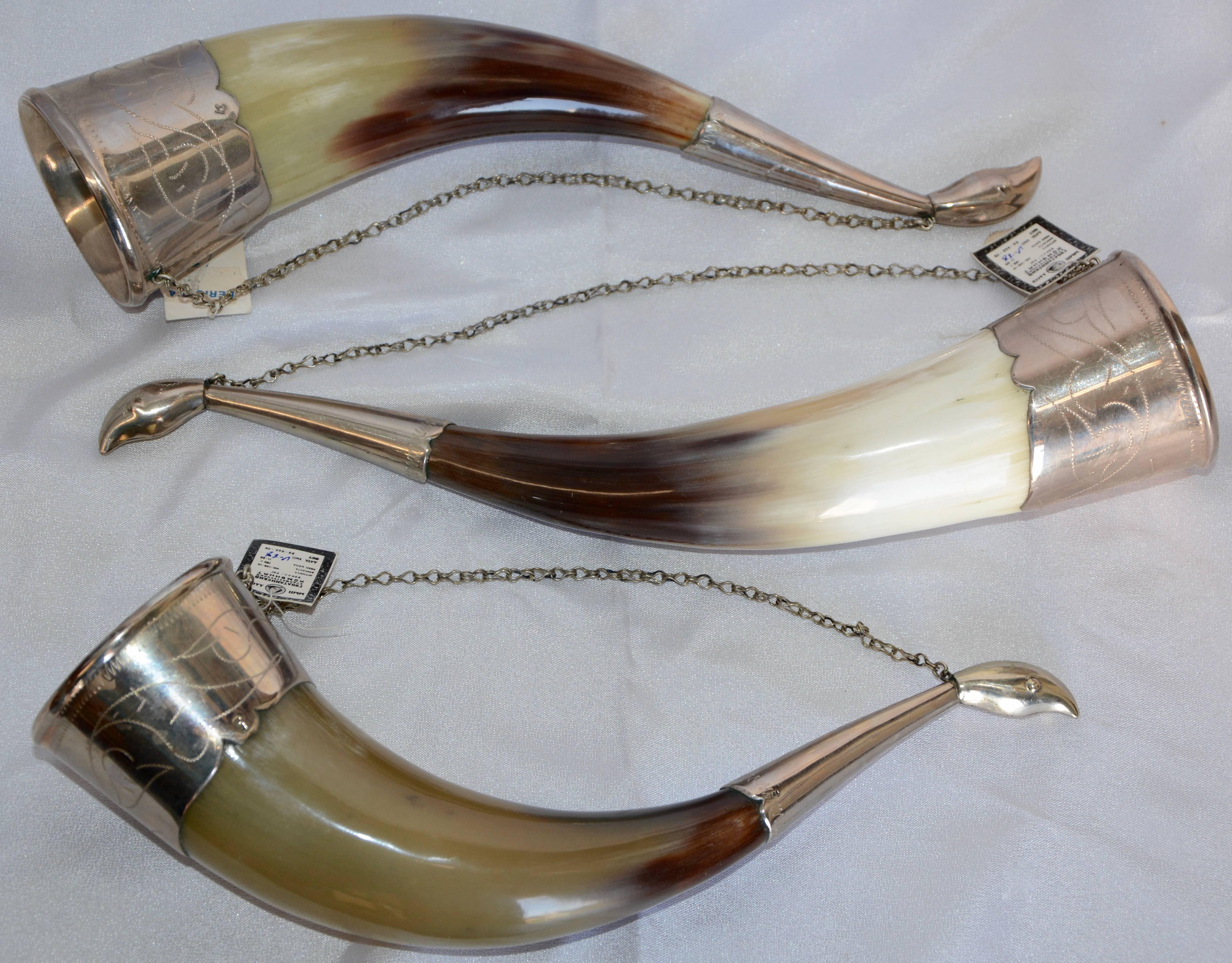 20th Century Russian Caucasian Silver Alloy Drinking Horns Midcentury For Sale