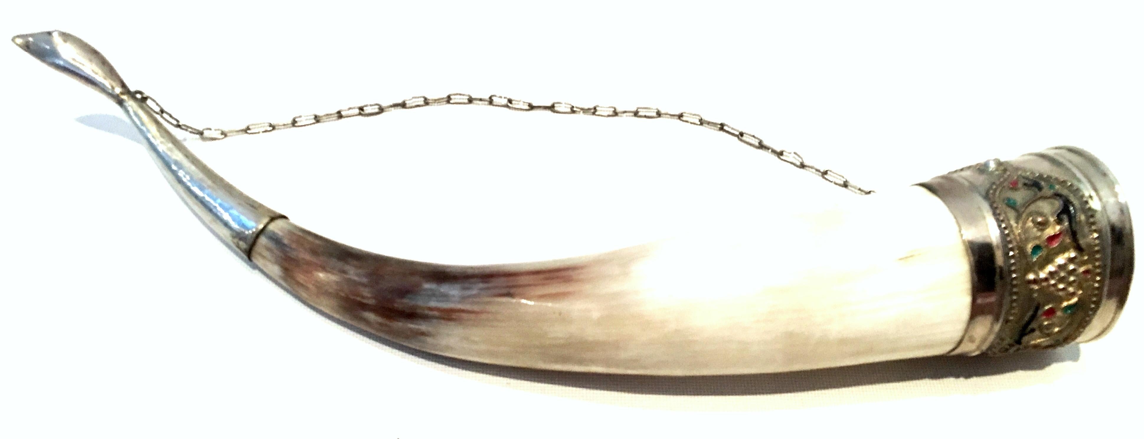 Midcentury Russian Caucasian silver alloy and enamel cloisonné drinking horn. This drinking horn originate from the province of Dagestan in the Caucasian region of the former USSR, circa 1950s. Drinking horns are traditionally filled with wine and