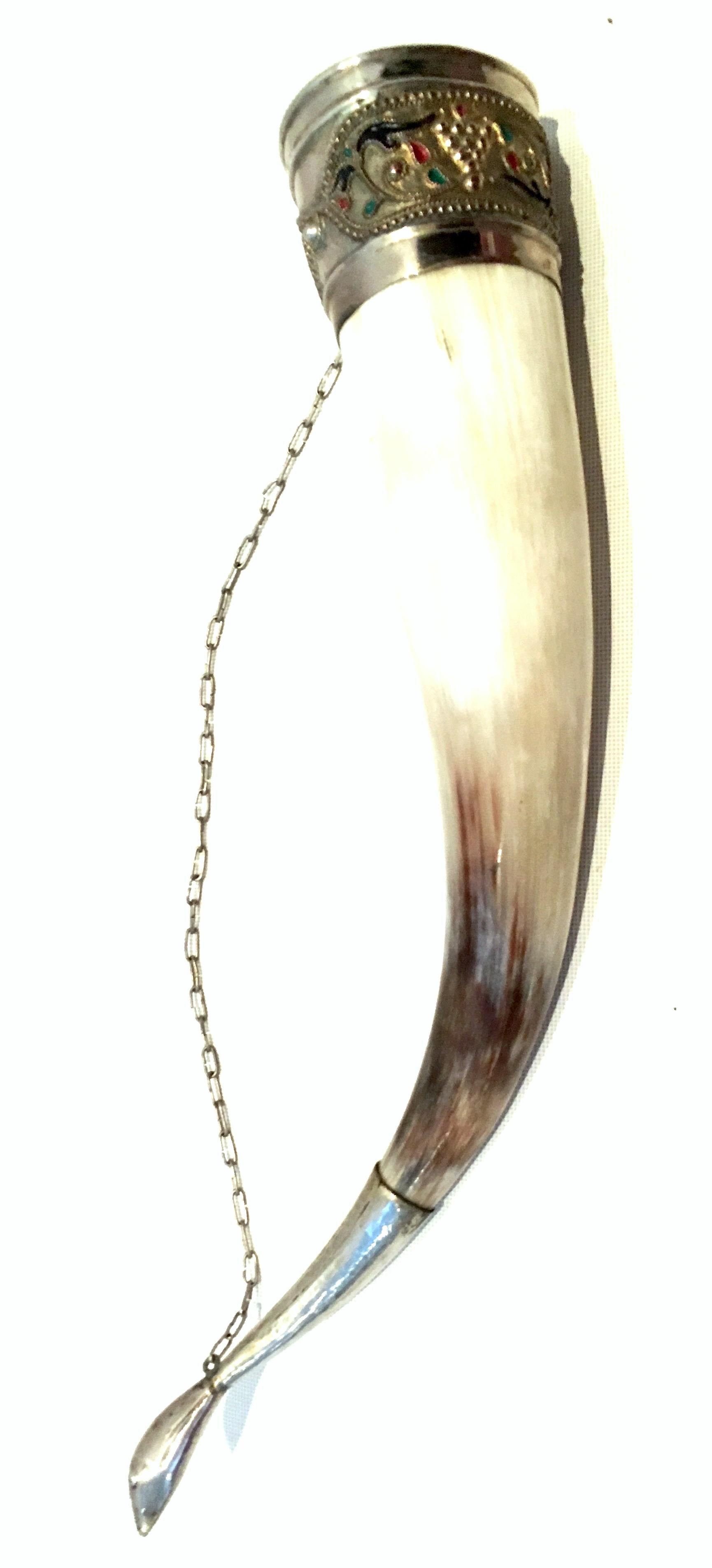 Folk Art Midcentury Russian Caucasian Silver Alloy and Enamel Cloisonné Drinking Horn