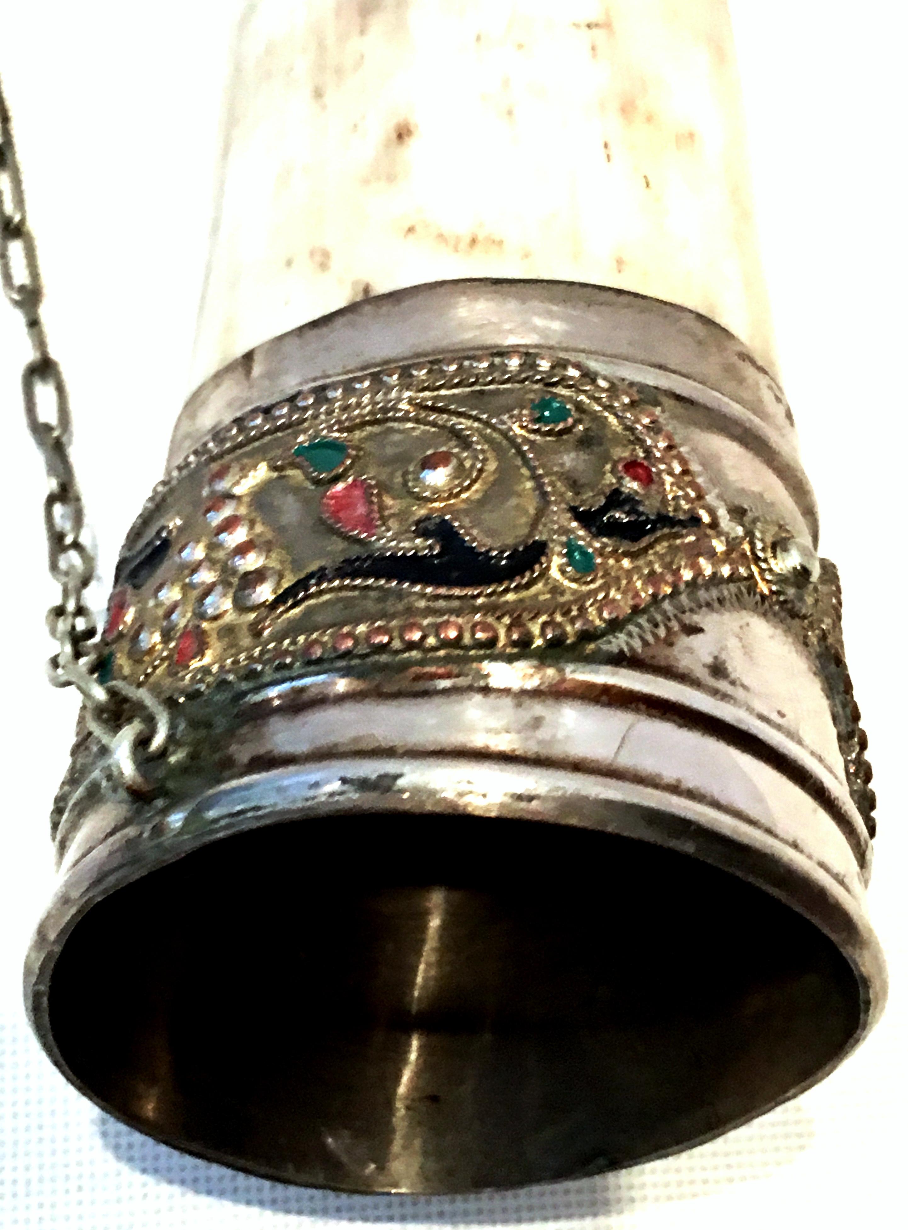 Midcentury Russian Caucasian Silver Alloy and Enamel Cloisonné Drinking Horn In Good Condition In West Palm Beach, FL