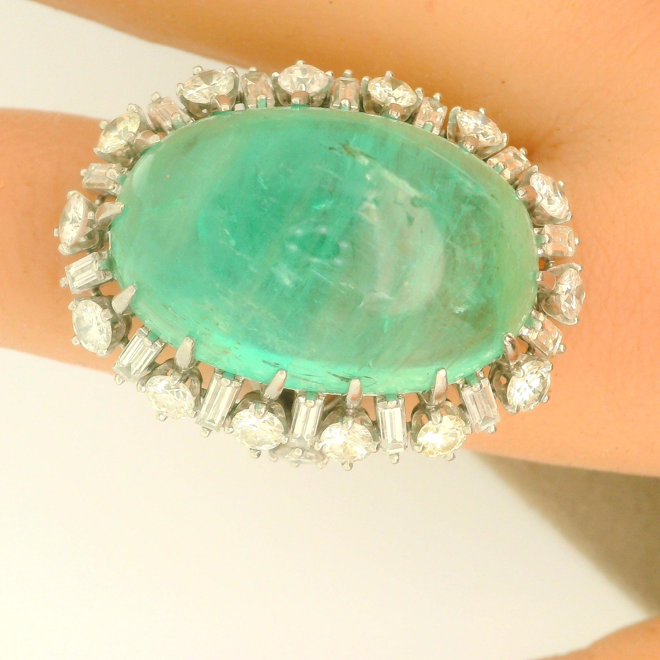Mid-Century Russian Emerald Diamond Platinum Cocktail Ring, GIA Certified In New Condition For Sale In Beverly Hills, CA