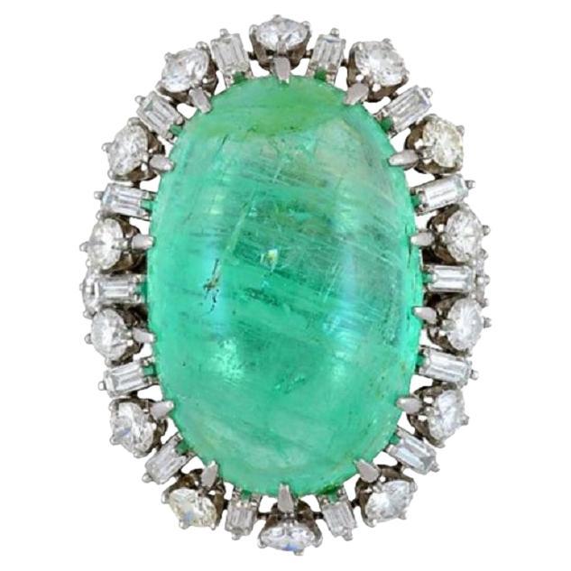 Mid-Century Russian Emerald Diamond Platinum Cocktail Ring, GIA Certified For Sale