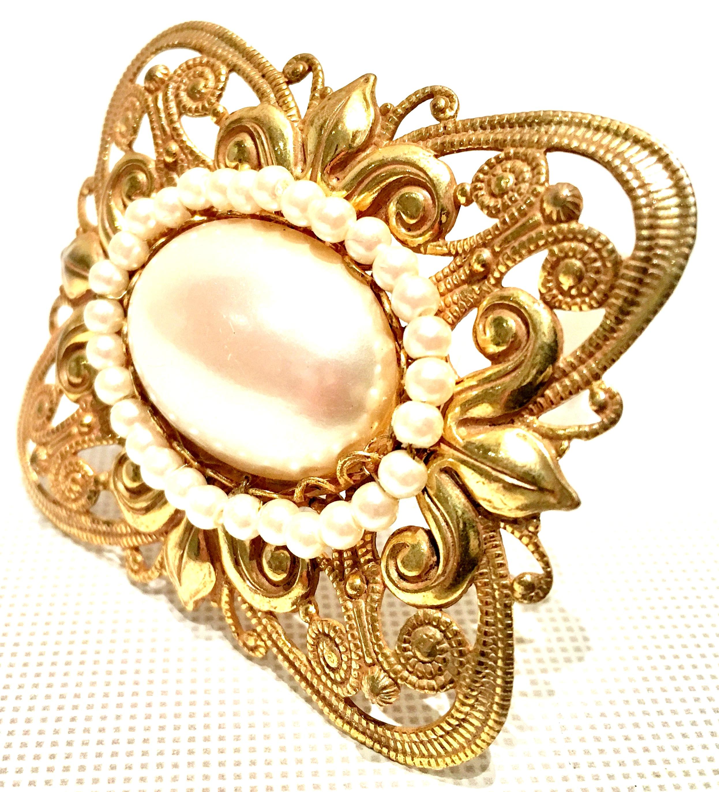 Mid-Century Russian Gold & Faux Pearl Brooch By, Miriam Haskell In Good Condition In West Palm Beach, FL