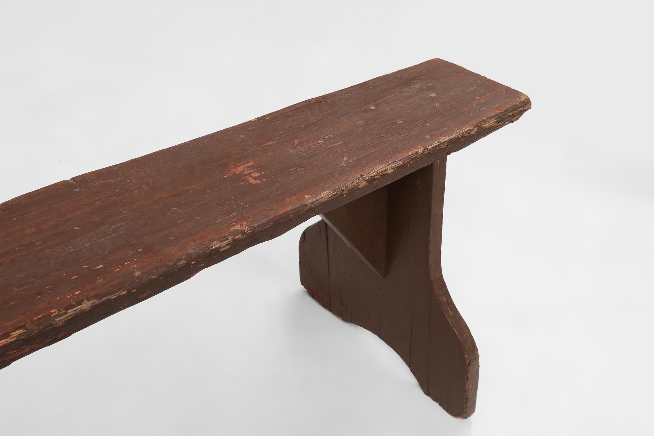 French Mid-century rustic bench in brown painted wood, France ca. 1890 For Sale