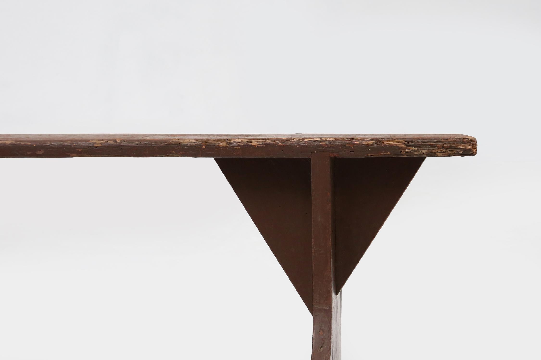 Late 19th Century Mid-century rustic bench in brown painted wood, France ca. 1890 For Sale