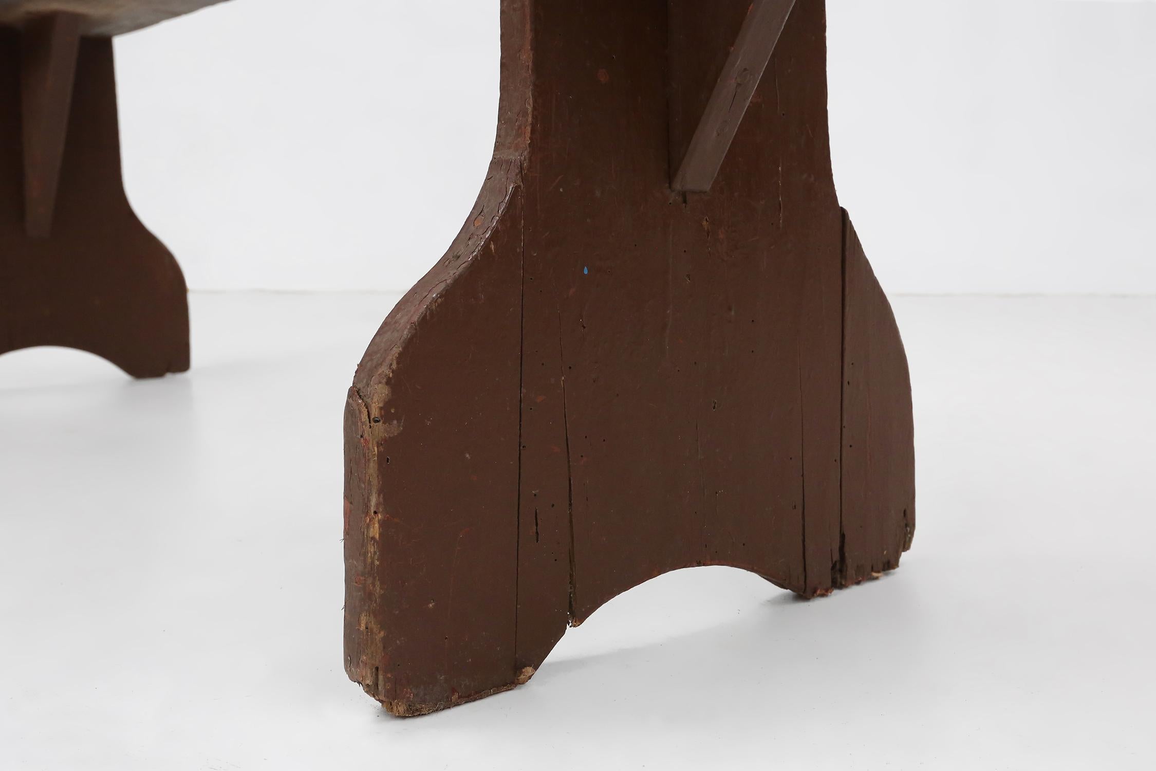Wood Mid-century rustic bench in brown painted wood, France ca. 1890 For Sale