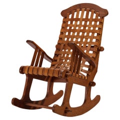 Sedia a dondolo rustica di metà secolo in Wood e pelle