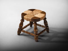 Mid-Century Rustic Stool in Beech and Straw