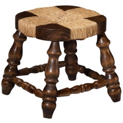 Mid-Century Rustic Stool in Beech and Straw