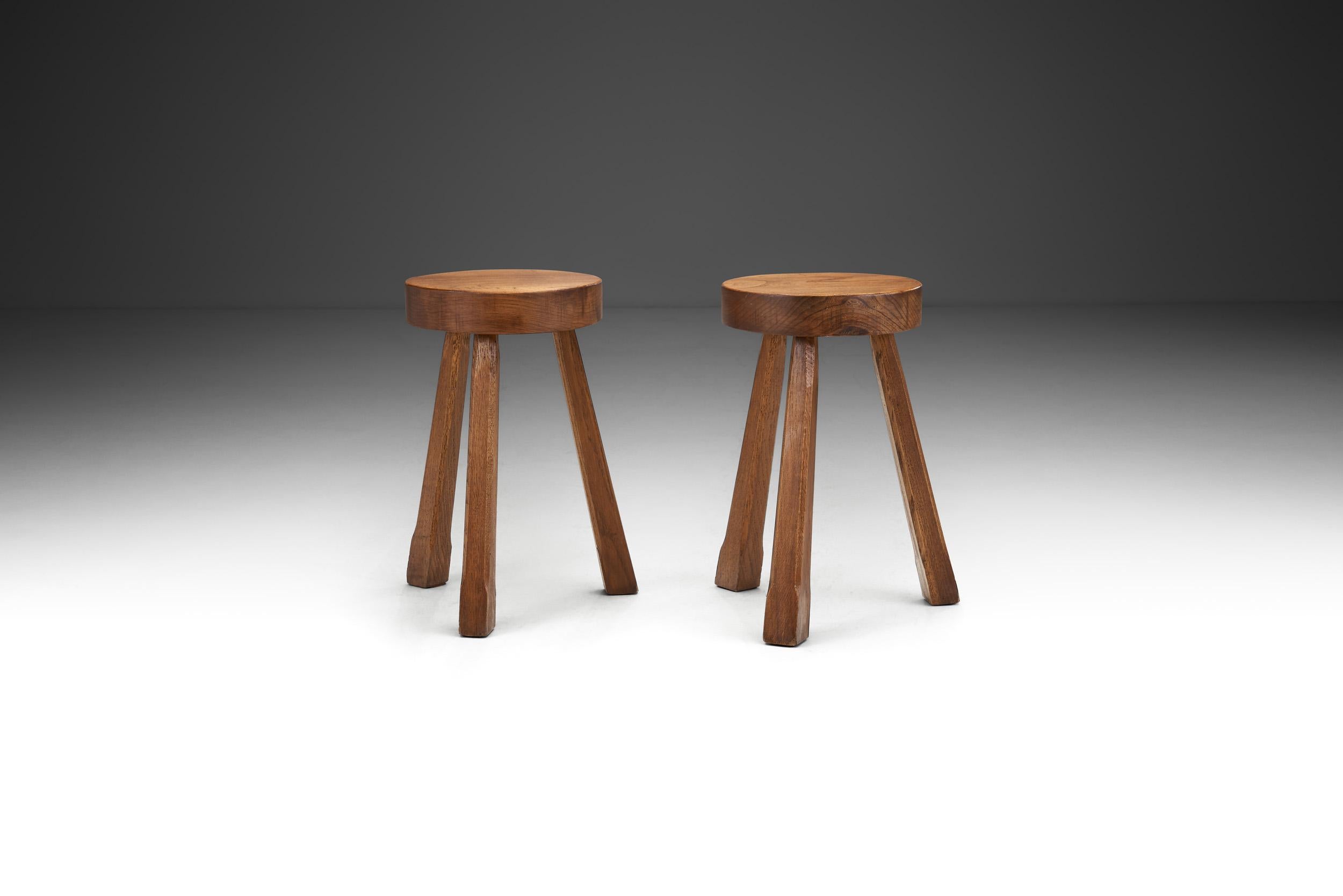Mid-Century Rustic Three Legged Solid Wood Stools, Europe Ca 1940s In Good Condition In Utrecht, NL