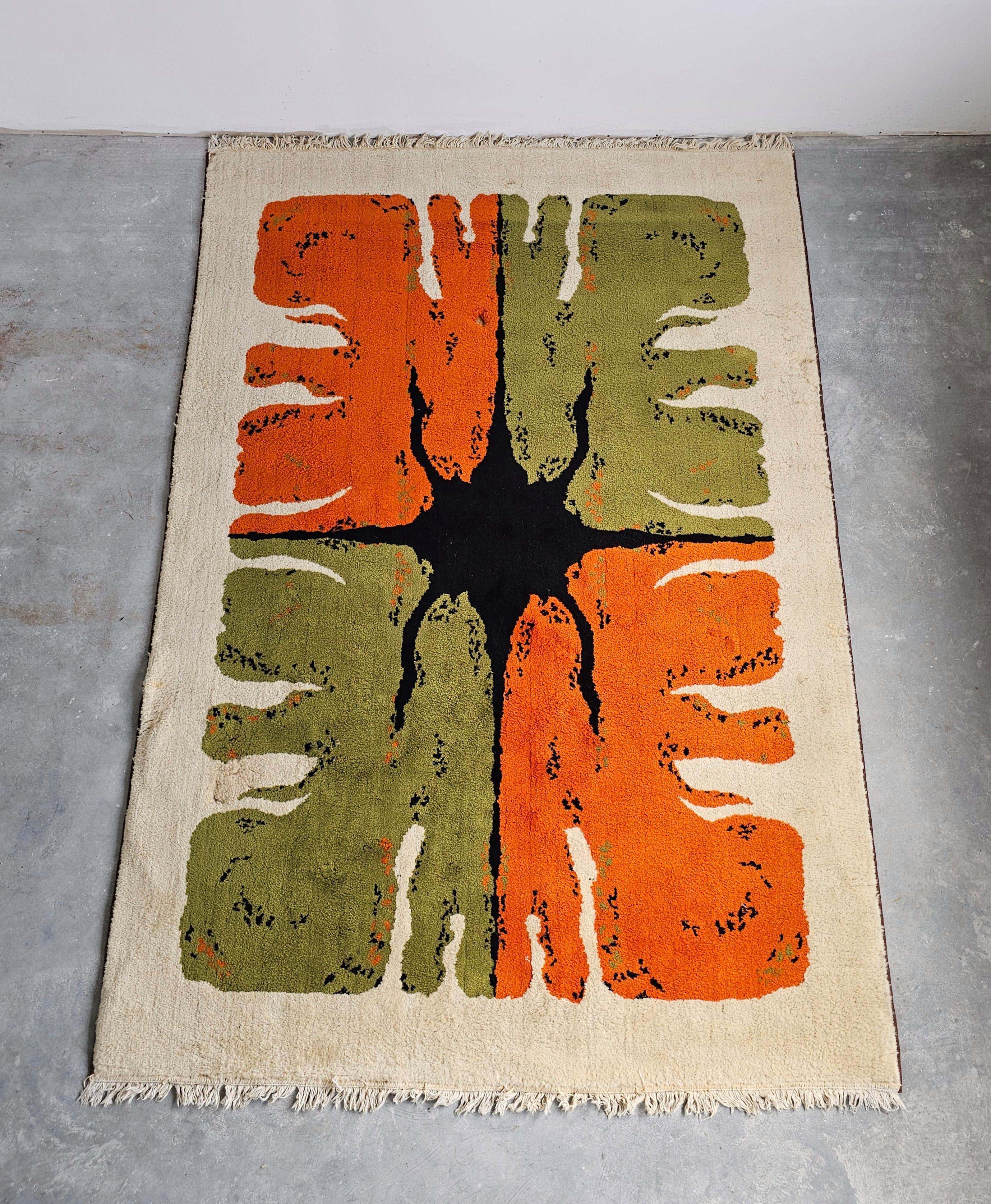 Alfombra Mid Century Rya de Hojer Export Wilton en lana naranja, verde y negra Danés en venta