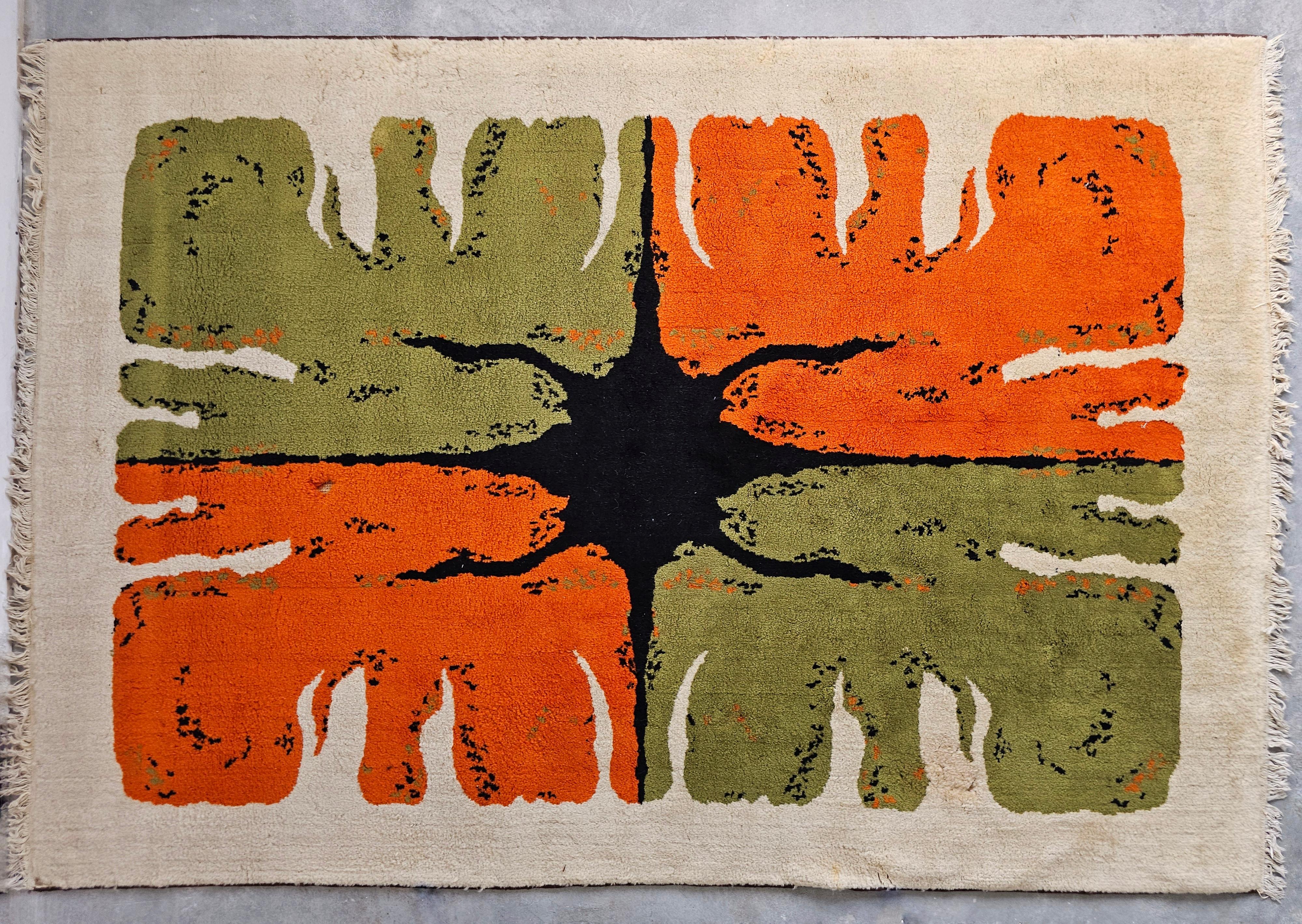 Alfombra Mid Century Rya de Hojer Export Wilton en lana naranja, verde y negra finales del siglo XX en venta