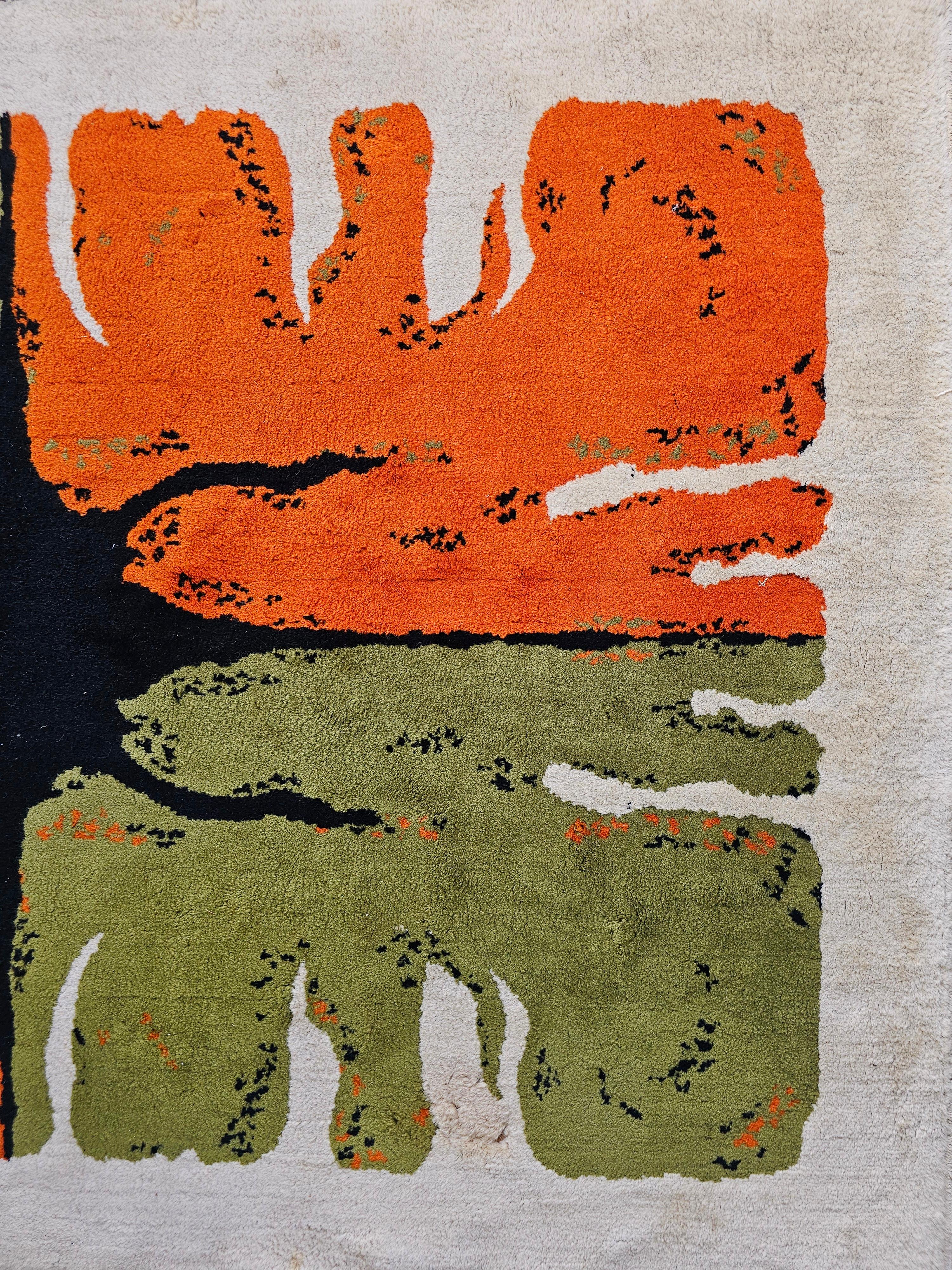 Alfombra Mid Century Rya de Hojer Export Wilton en lana naranja, verde y negra Lana en venta