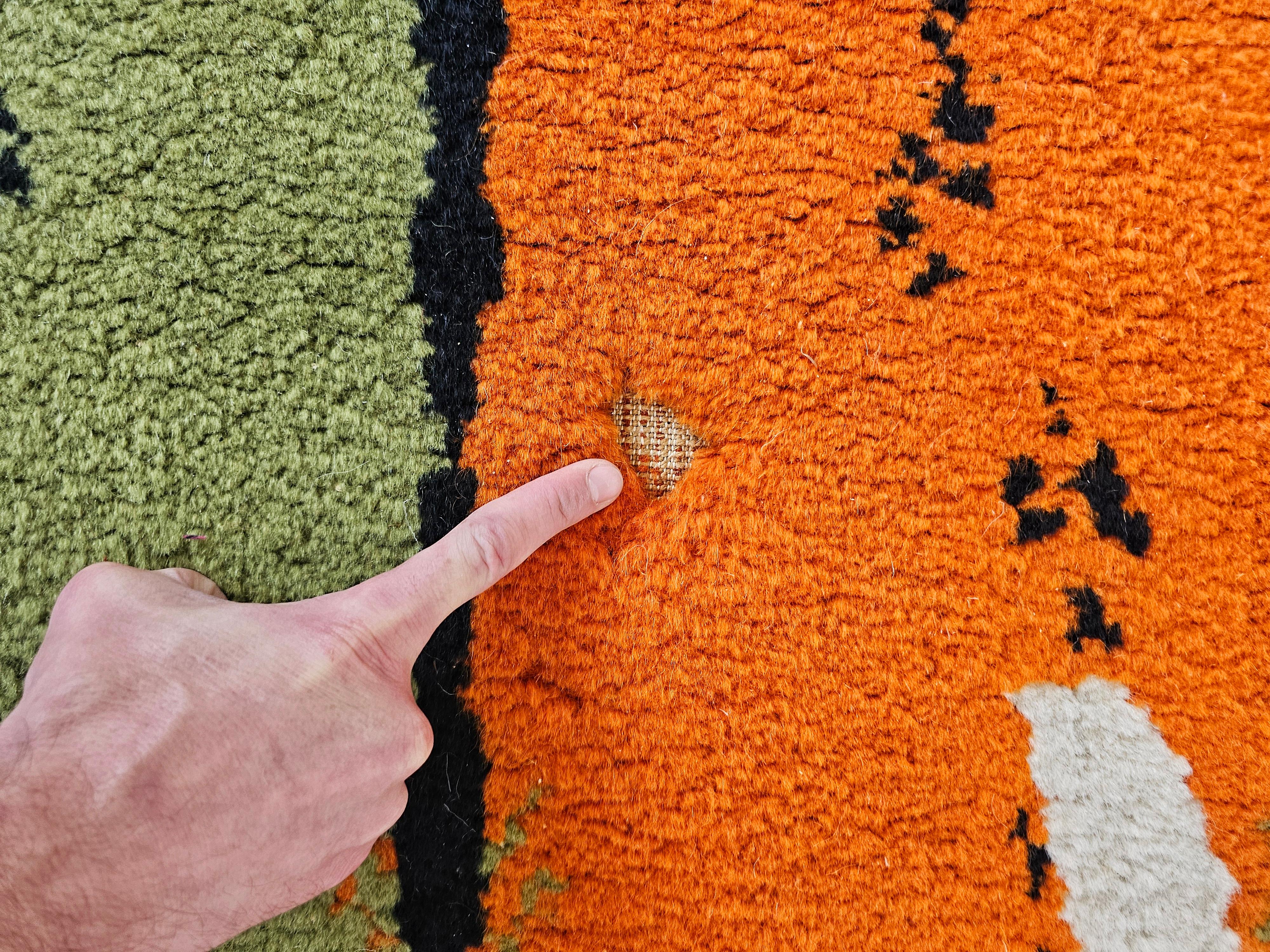 Alfombra Mid Century Rya de Hojer Export Wilton en lana naranja, verde y negra en venta 1