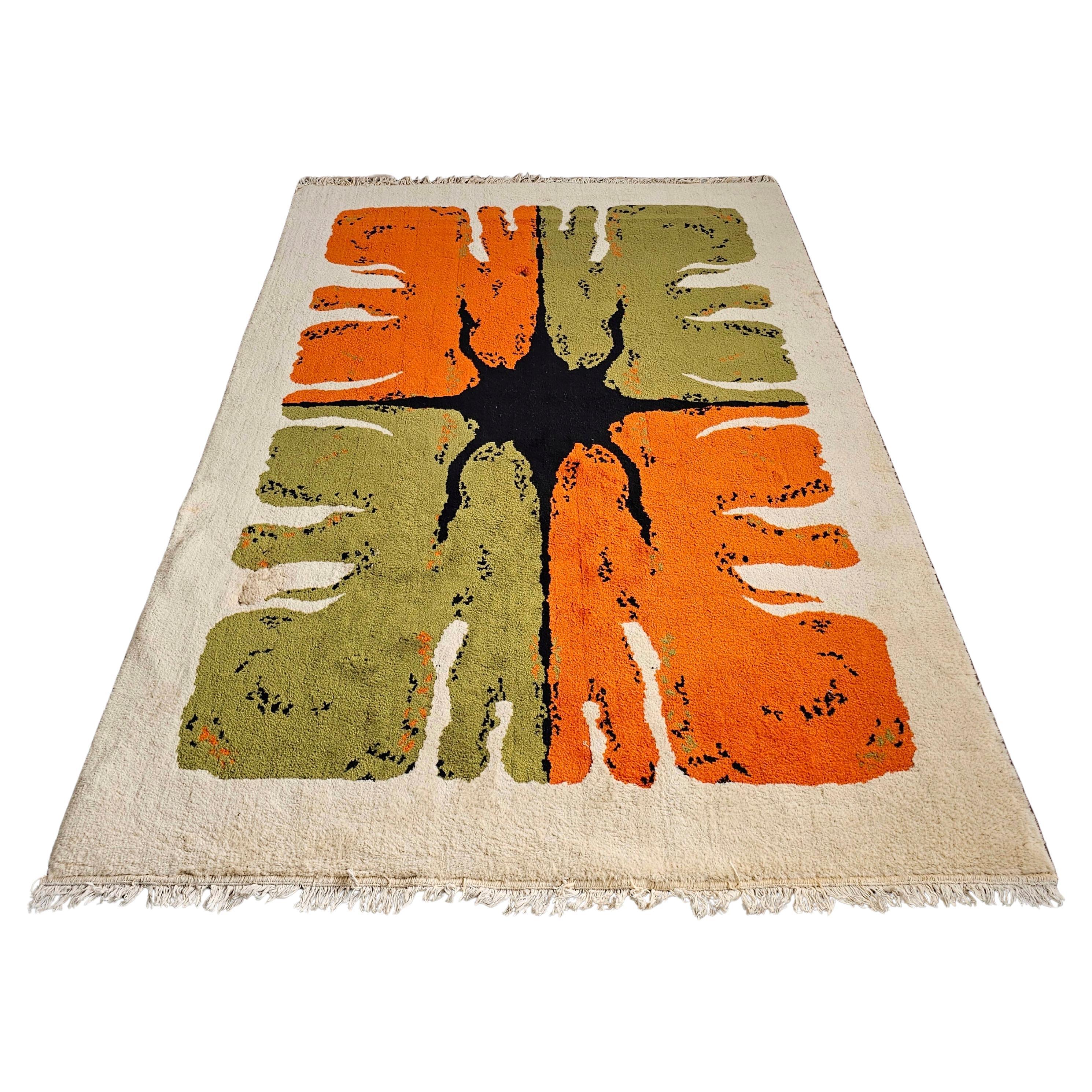 Alfombra Mid Century Rya de Hojer Export Wilton en lana naranja, verde y negra en venta