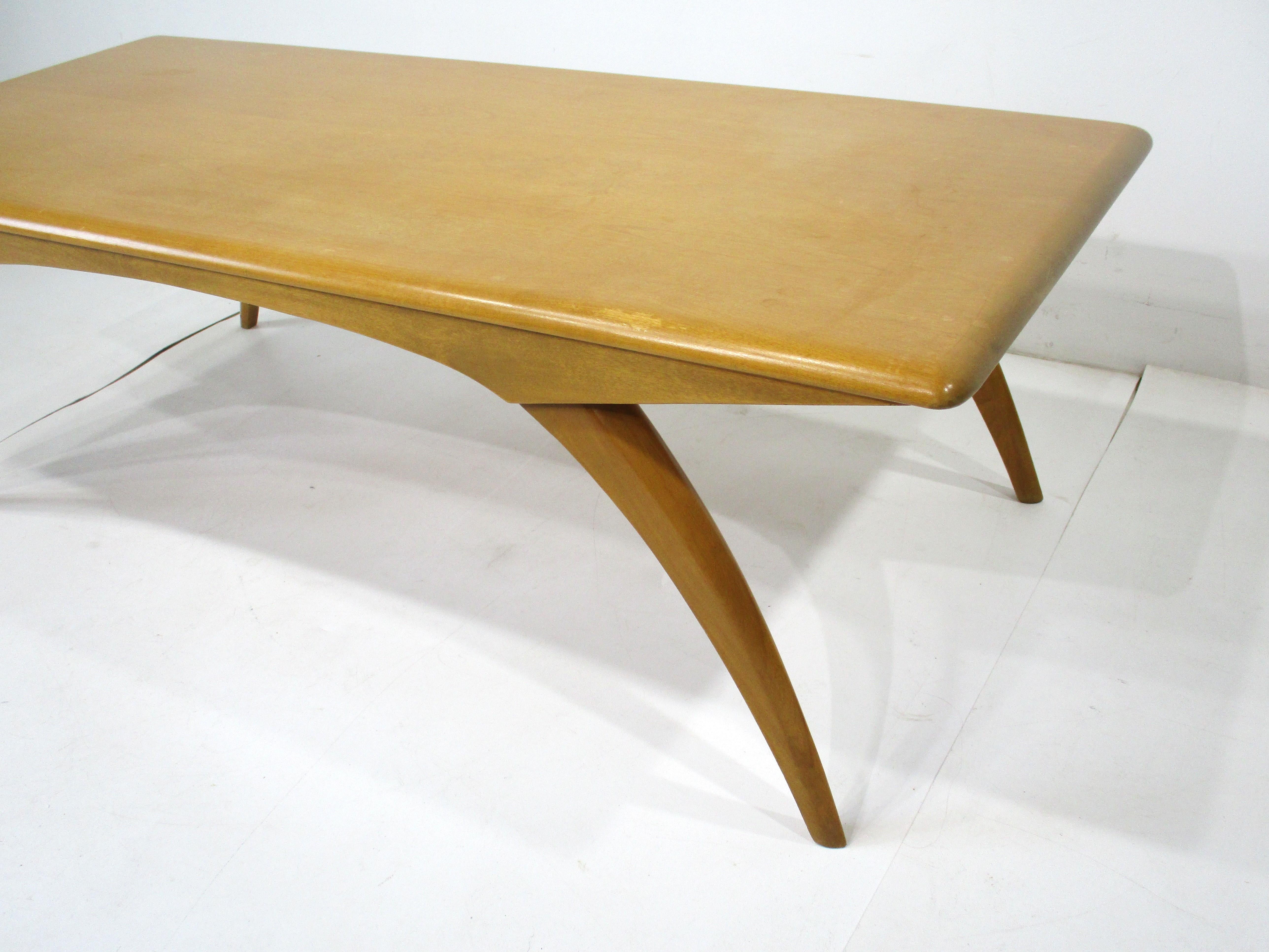American Heywood Wakefield Mid Century Saber Leg Coffee Table by Leo Jiranek