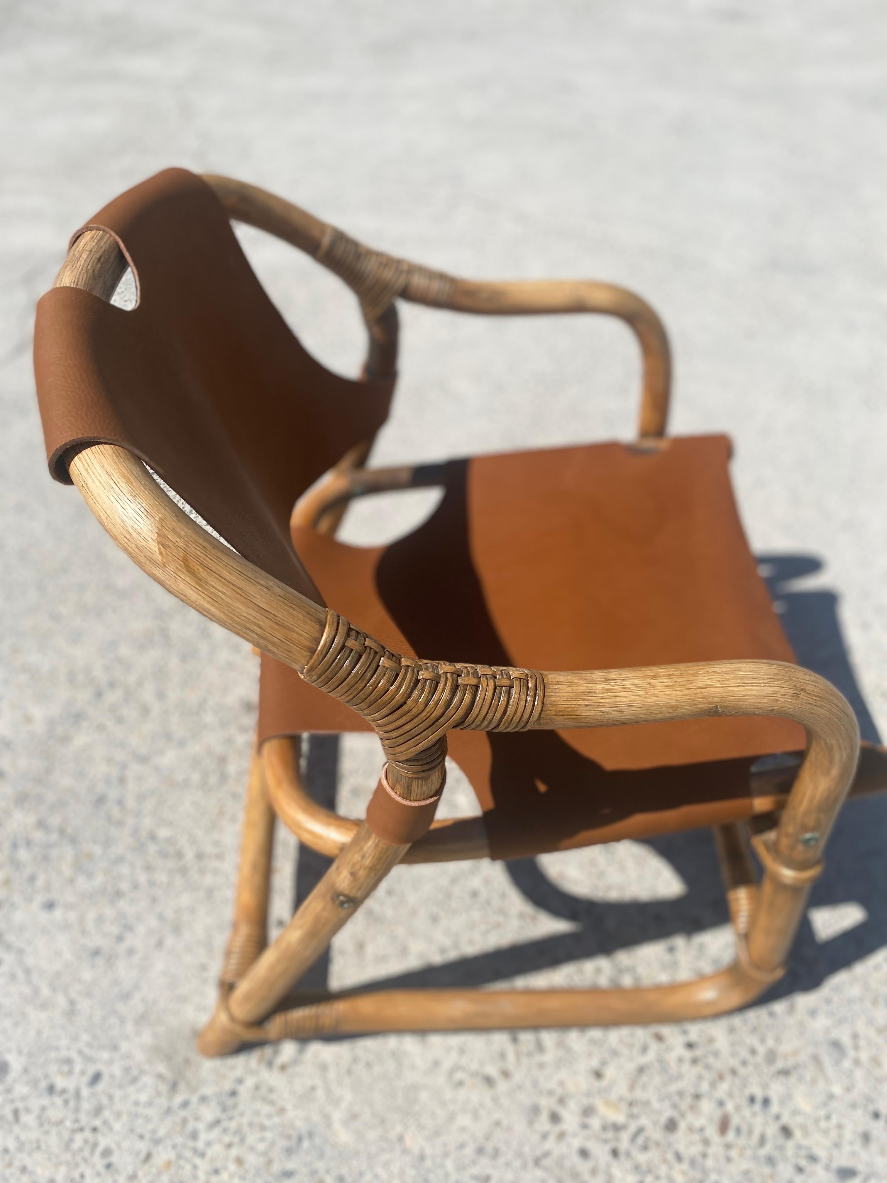 Midcentury Safari Armchair in Bamboo and Leather, Denmark, 1960s For Sale 4