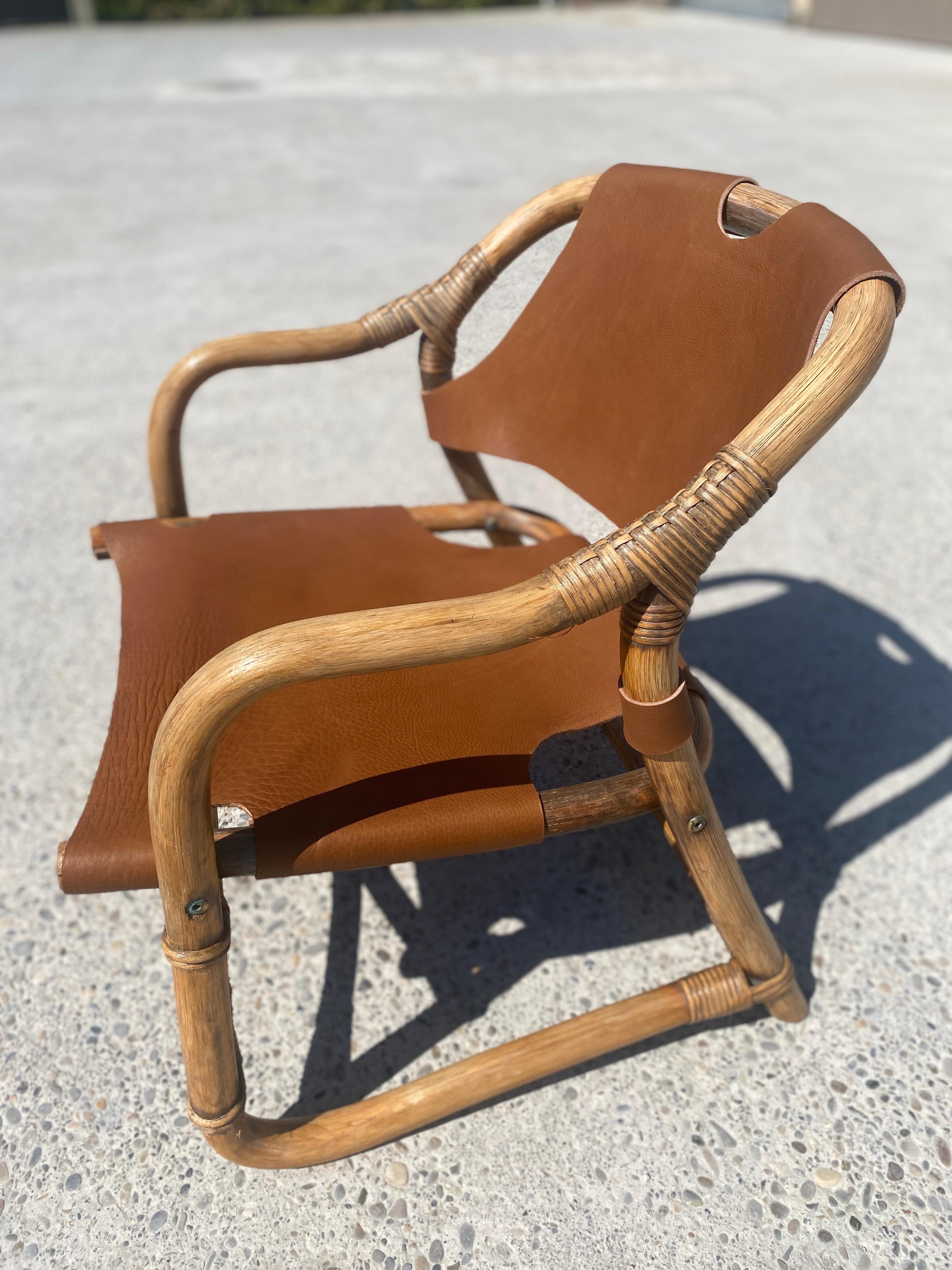 Mid-20th Century Midcentury Safari Armchair in Bamboo and Leather, Denmark, 1960s For Sale