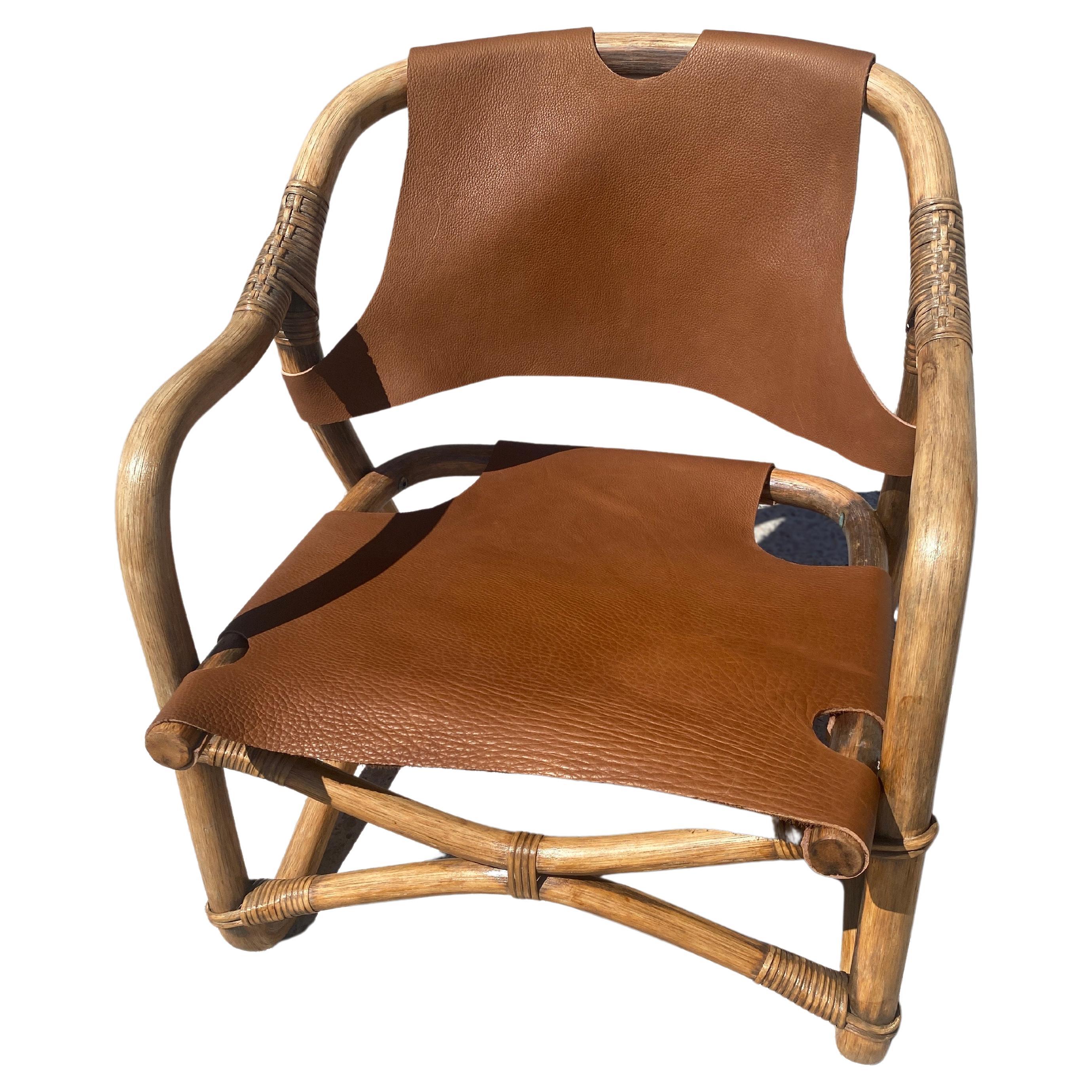 Midcentury Safari Armchair in Bamboo and Leather, Denmark, 1960s
