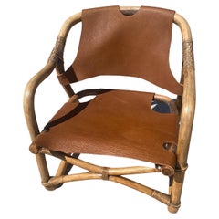 Fauteuil safari du milieu du siècle dernier en bambou et cuir, de marque, années 1960