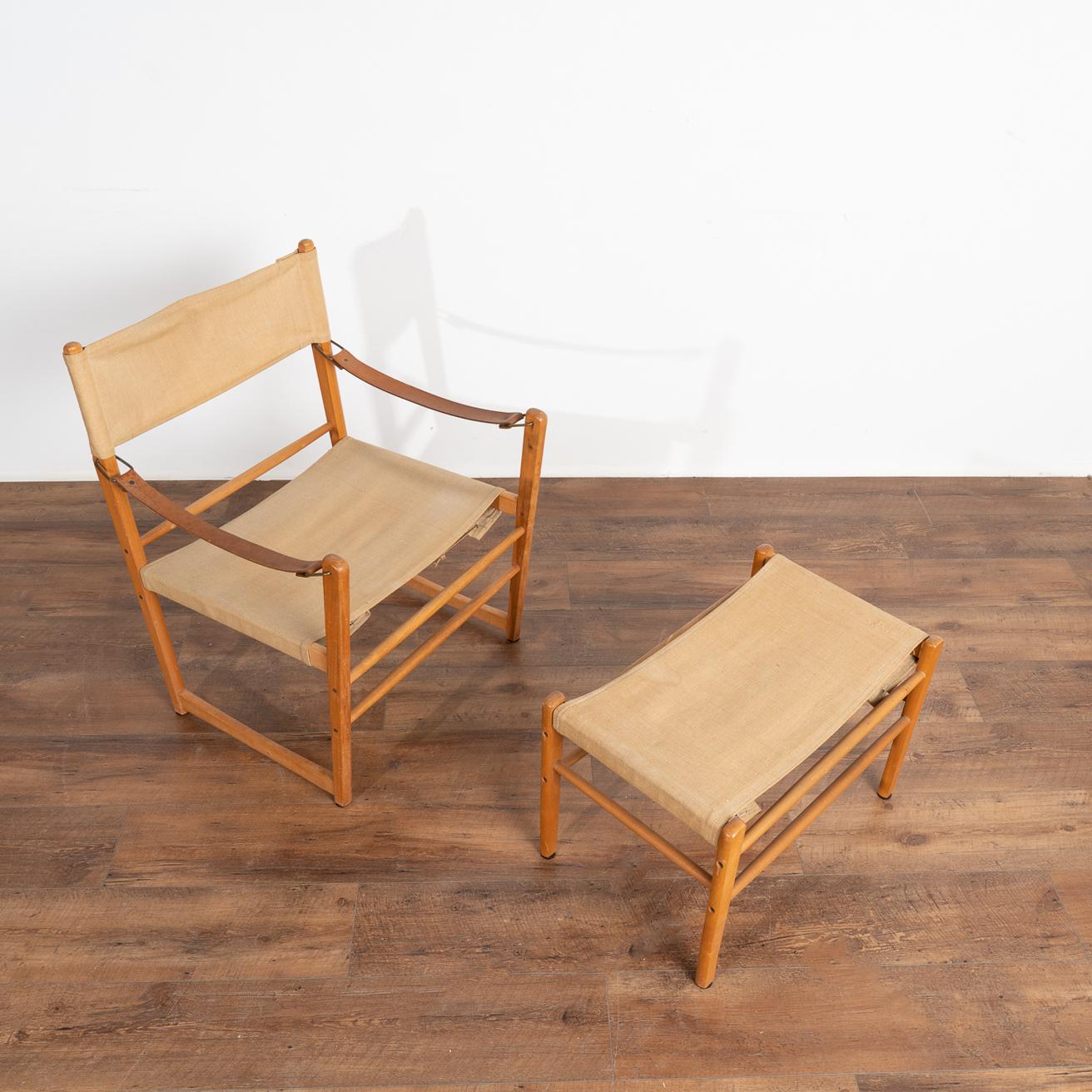 Danish Midcentury Safari Chair and Ottoman, Denmark circa 1960s For Sale