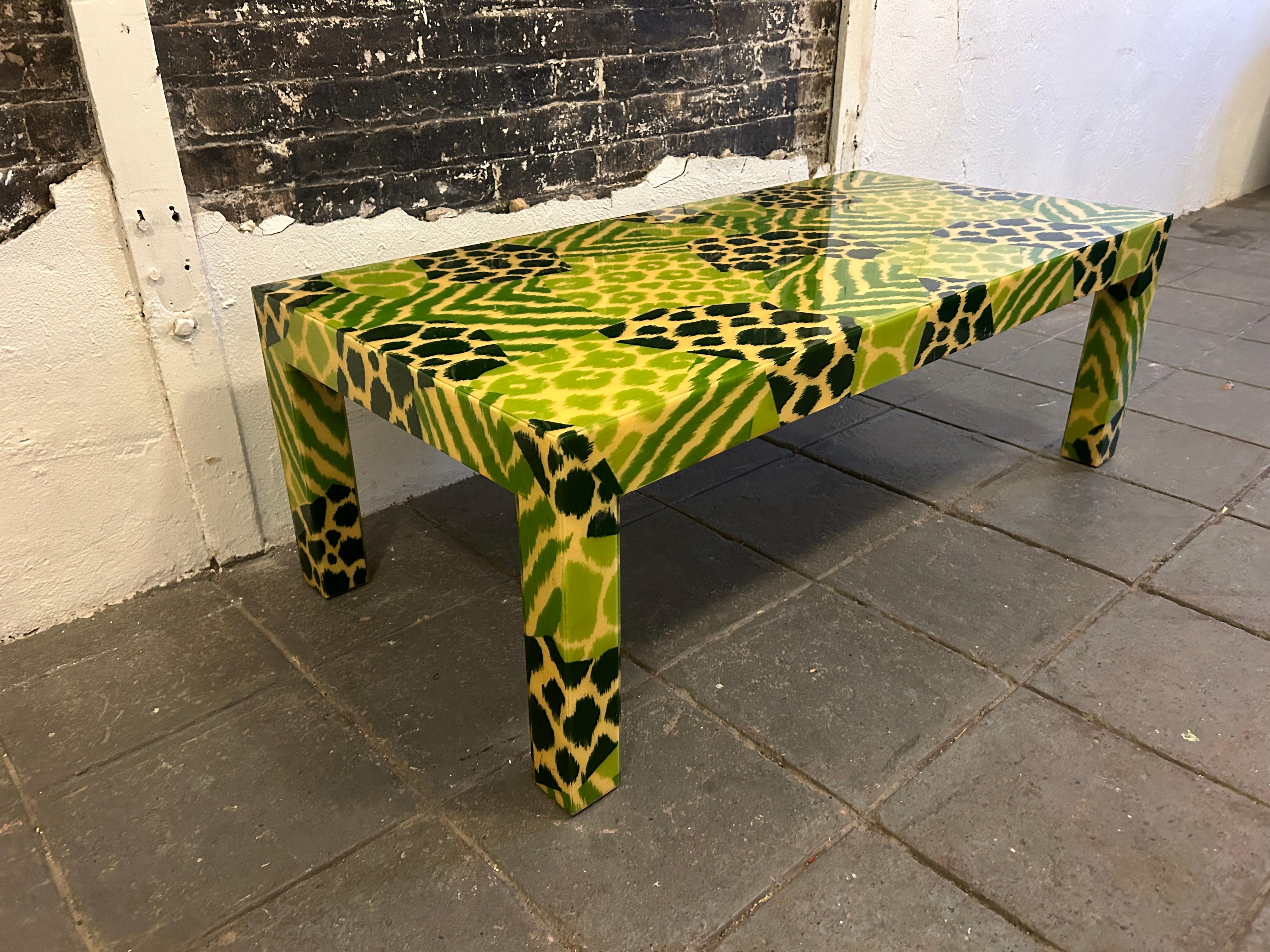 American Mid Century Safari Jungle Print Resin Parsons Coffee Table Karl springer style For Sale