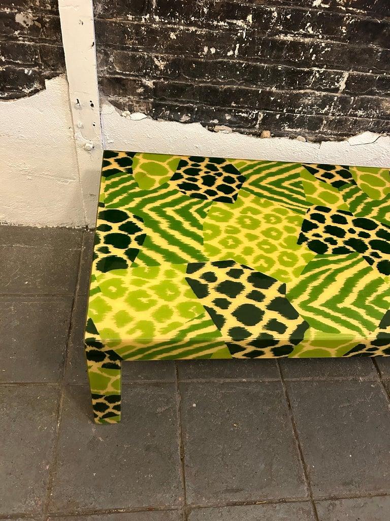 Mid Century Safari Jungle Print Resin Parsons Coffee Table Karl springer style In Good Condition For Sale In Brooklyn, NY