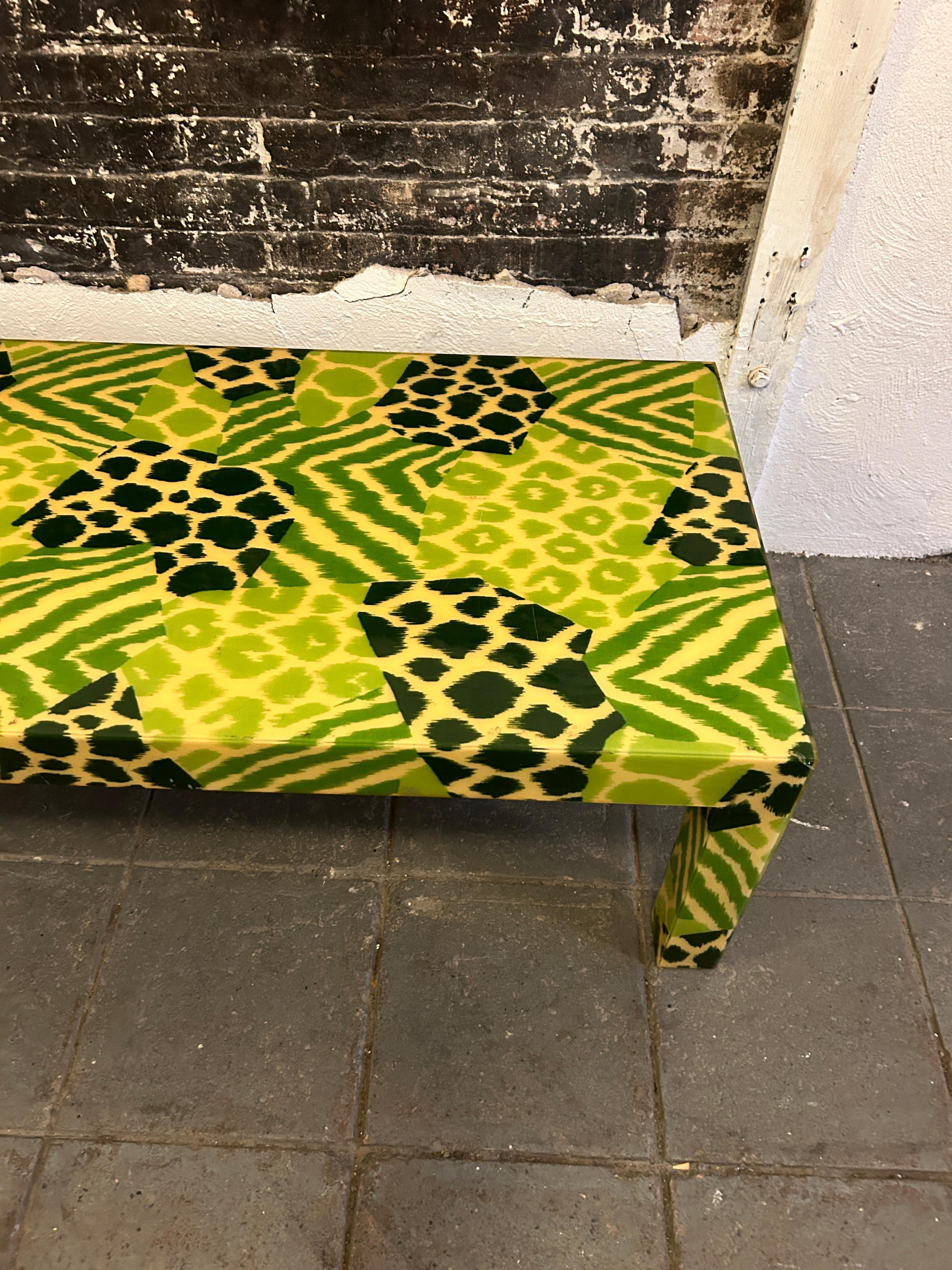 Late 20th Century Mid Century Safari Jungle Print Resin Parsons Coffee Table Karl springer style For Sale