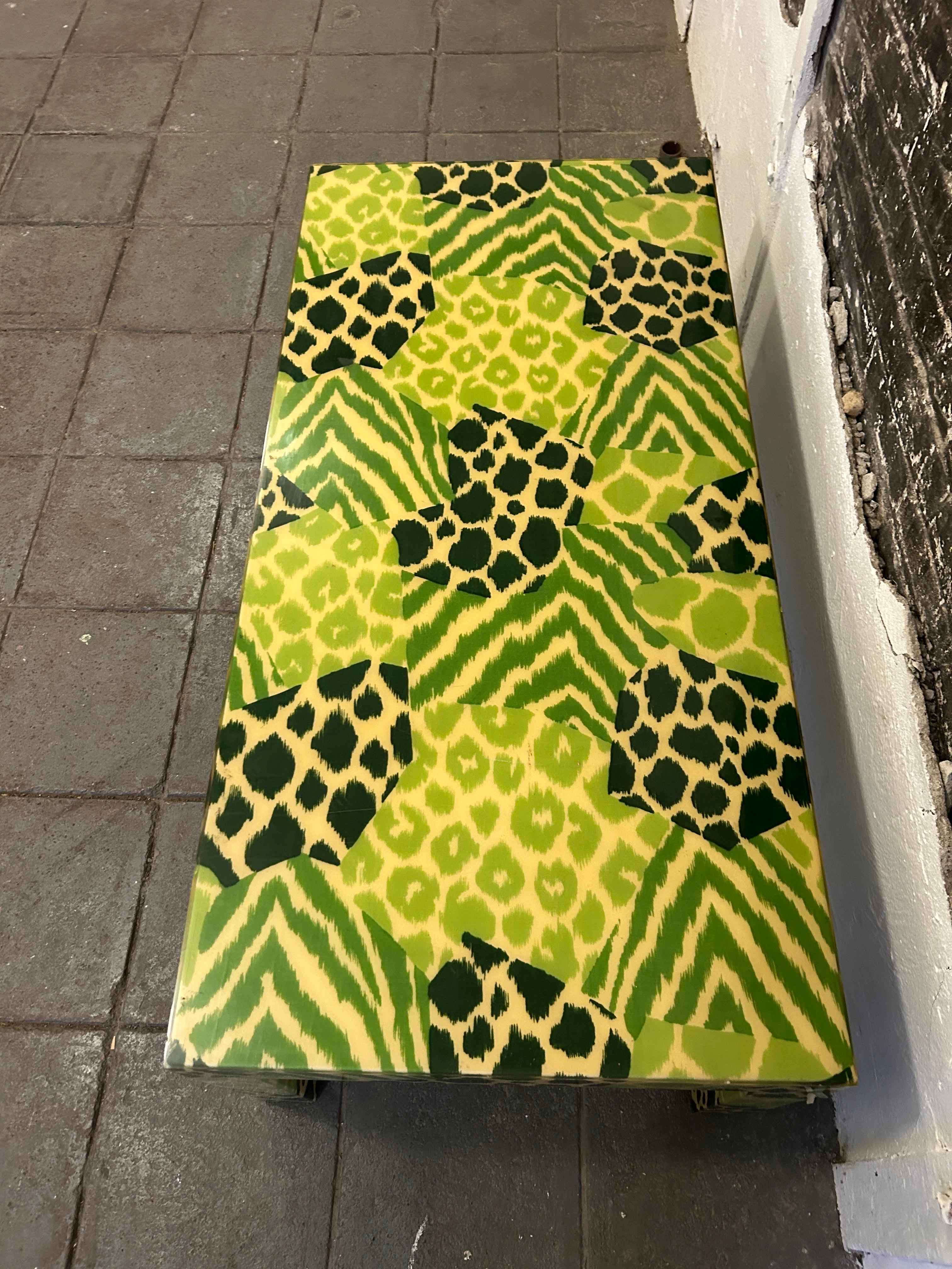 Fabric Mid Century Safari Jungle Print Resin Parsons Coffee Table Karl springer style For Sale