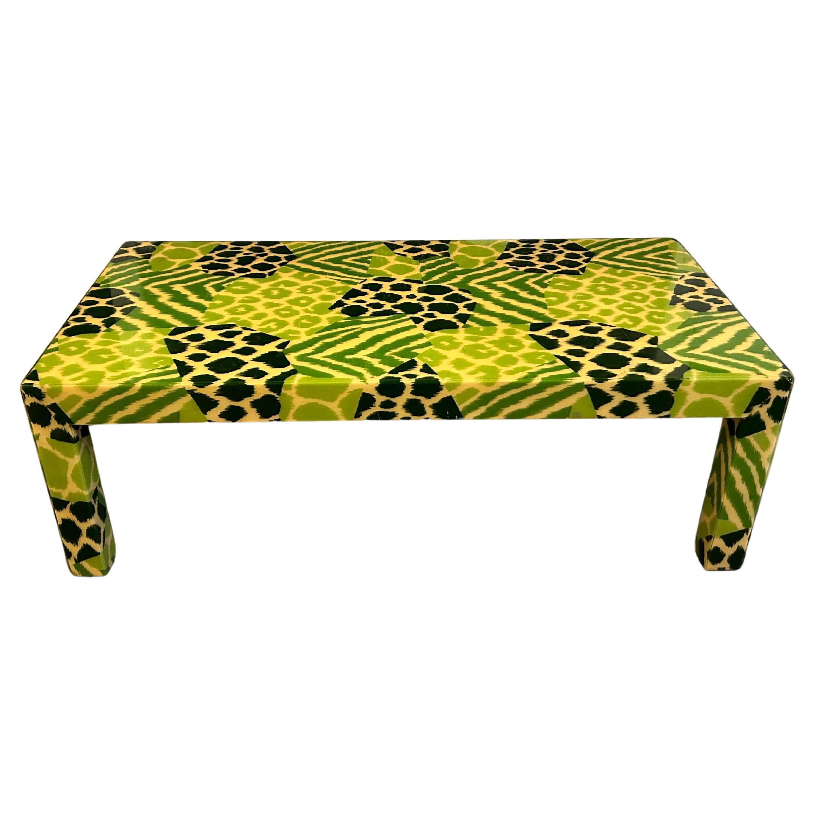 Mid Century Safari Jungle Print Resin Parsons Coffee Table Karl springer style For Sale