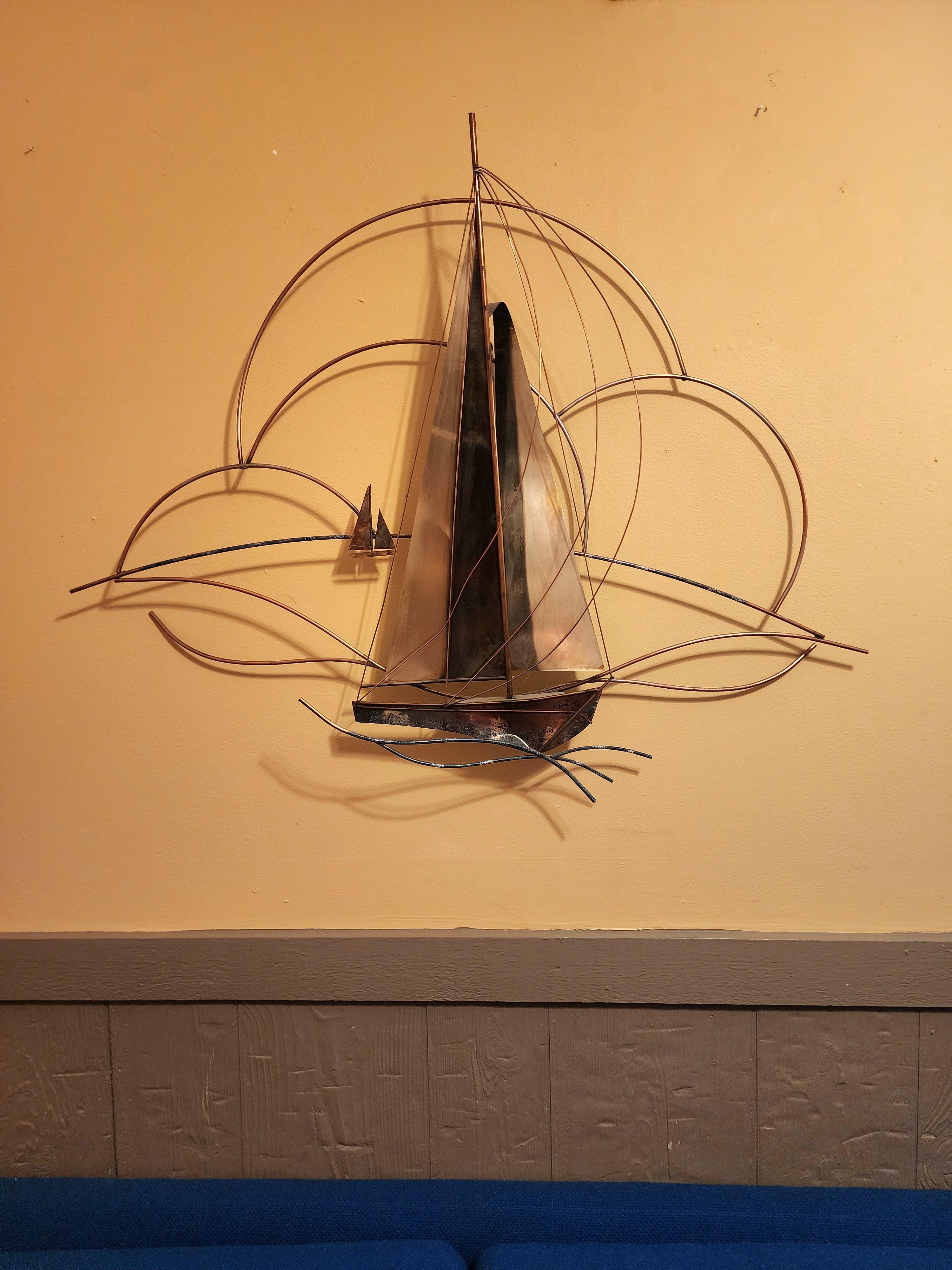 Mid-Century Sailboat Brass Sculptural Wall Art by C. Jere For Sale