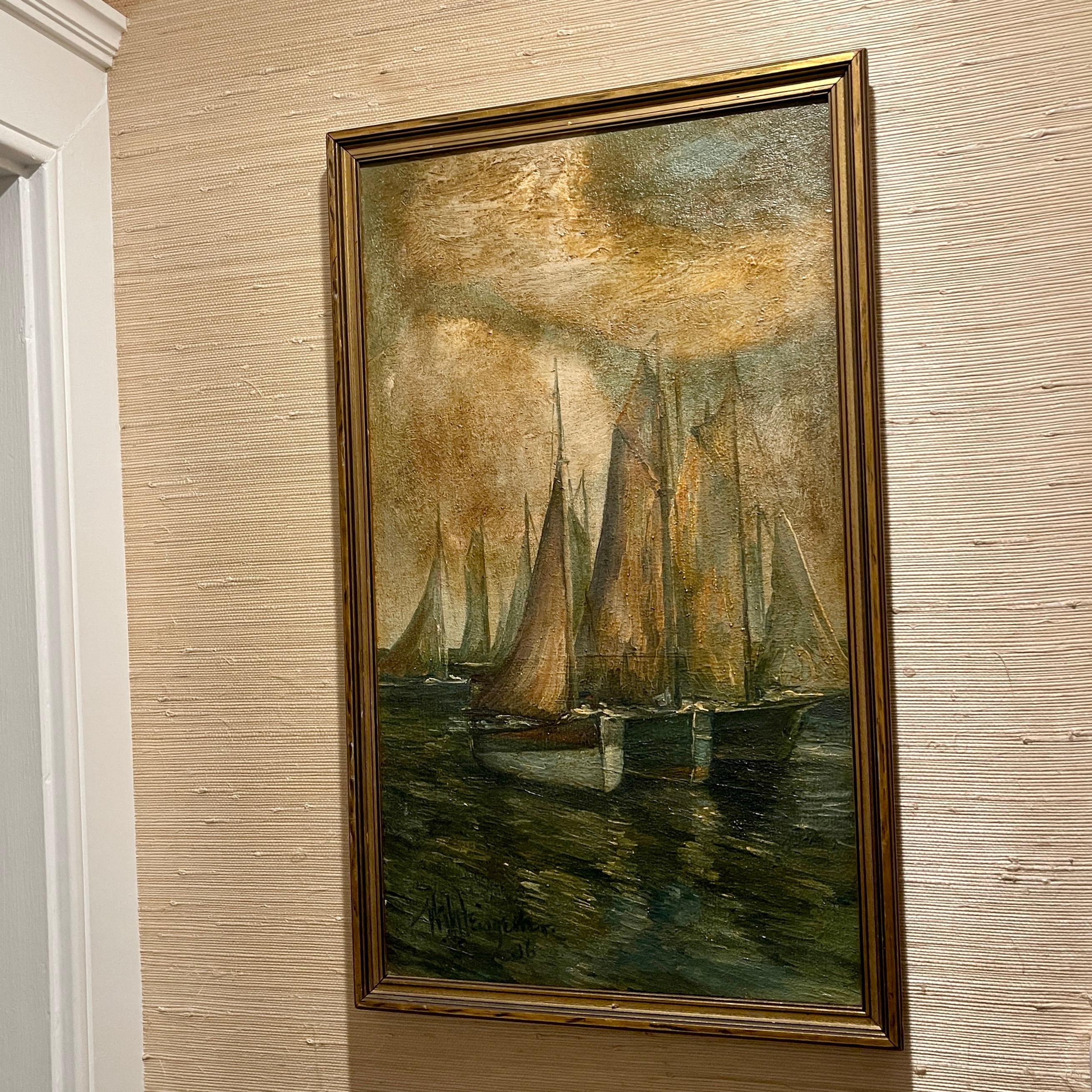 Mid-Century Sailboats on Water Signed Oil Painting, Vertical Framed Composition 4