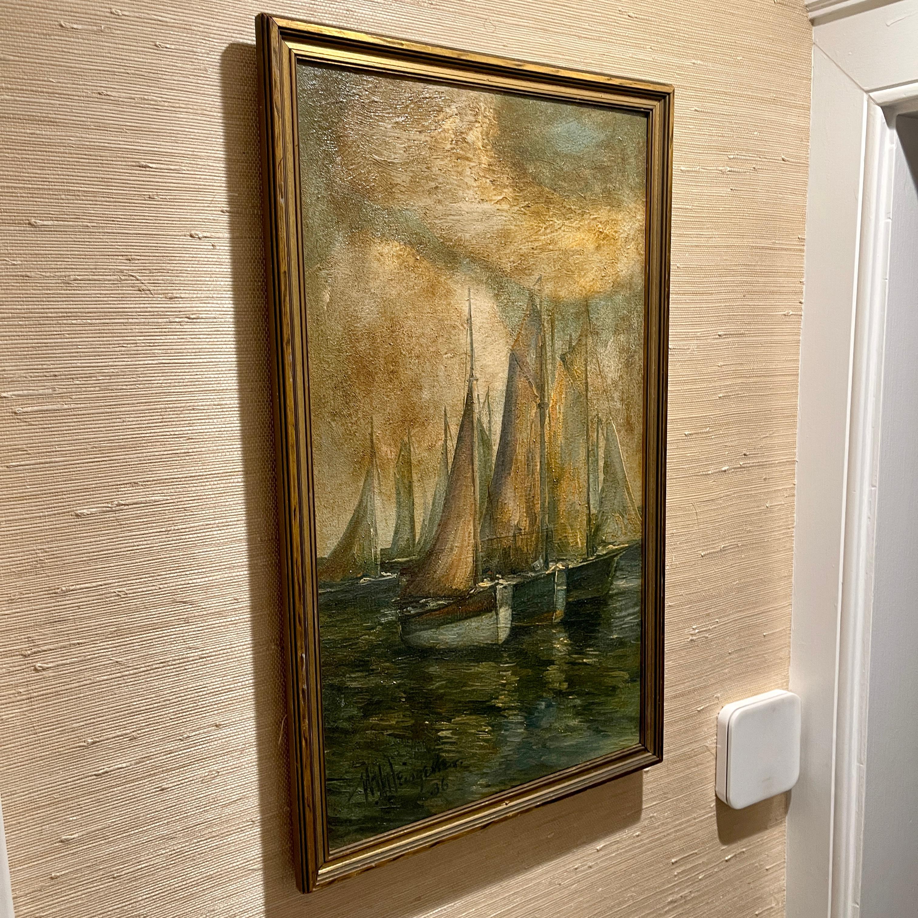 Mid-Century Sailboats on Water Signed Oil Painting, Vertical Framed Composition 5