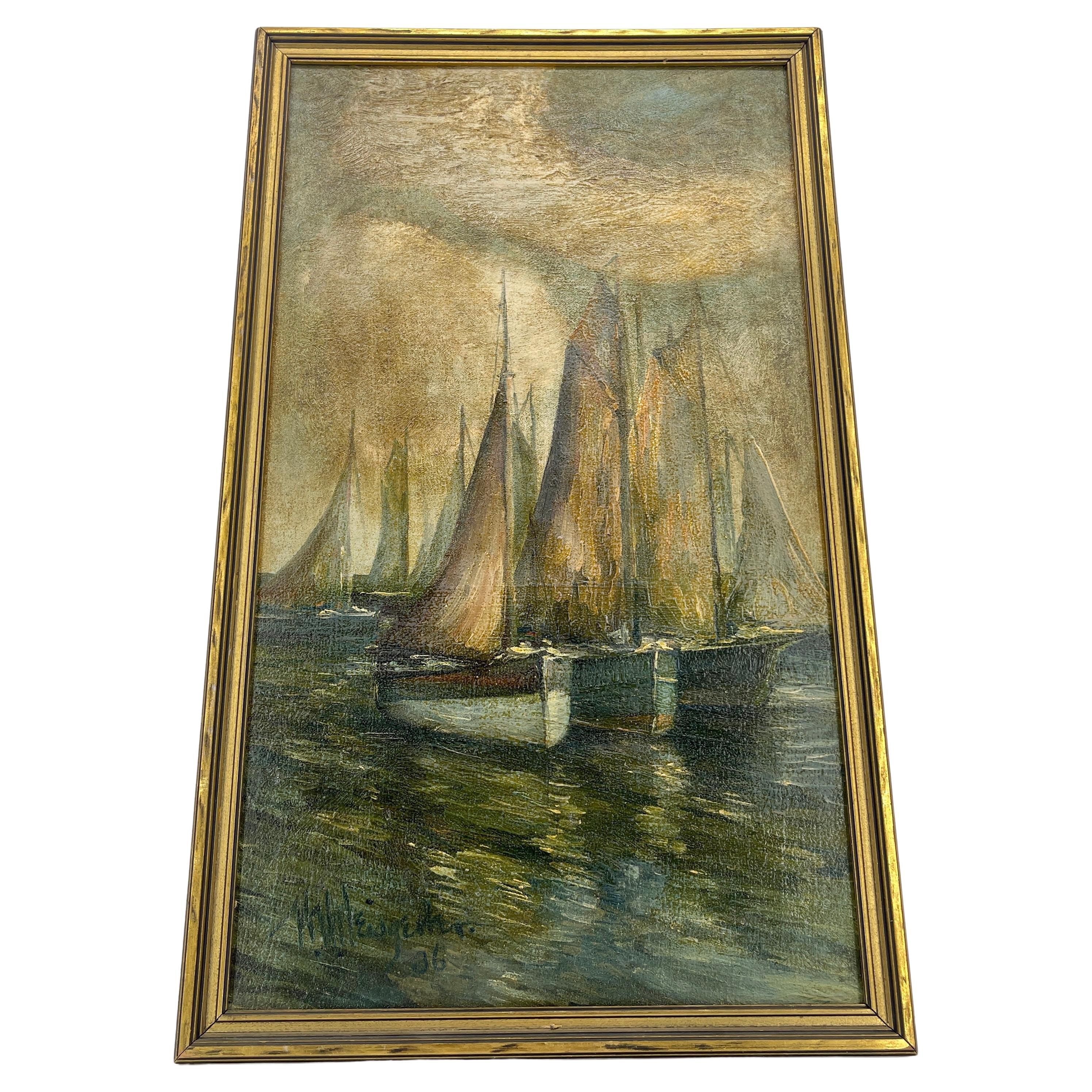Original Signed Oil Painting on Canvas of Sailboats on Water, dated 1936

This vertically framed signed oil painting is depicting boats on calm water. The warm, neutral colors with a vintage gold wooden frame makes this piece suitable for any home