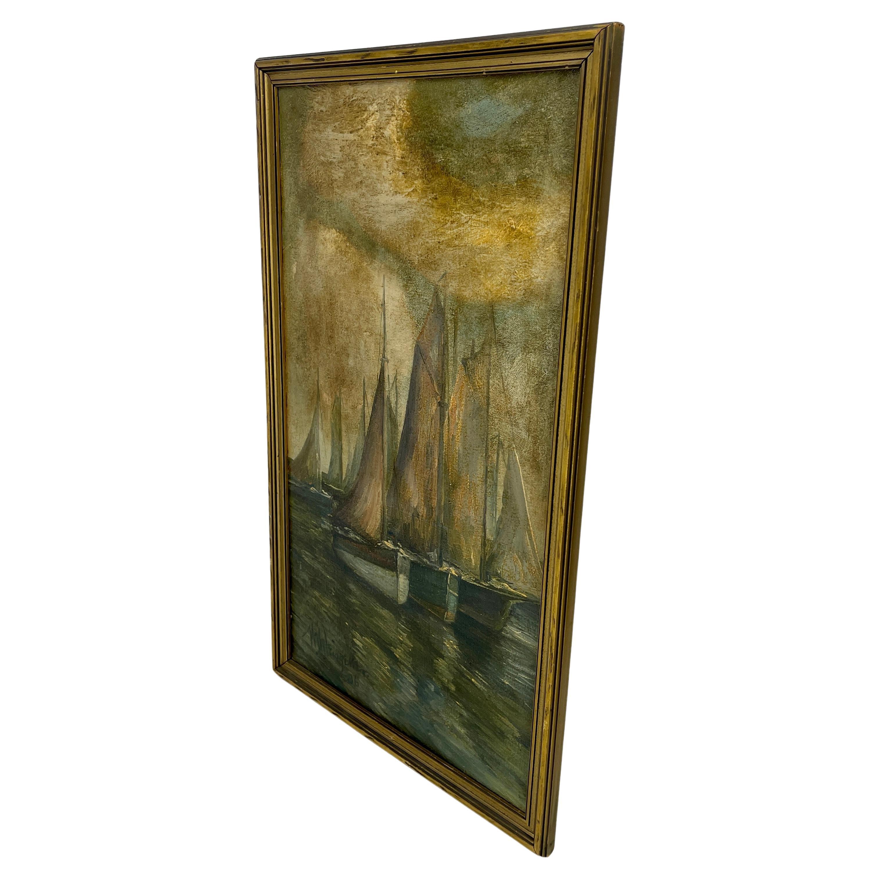 American Classical Mid-Century Sailboats on Water Signed Oil Painting, Vertical Framed Composition