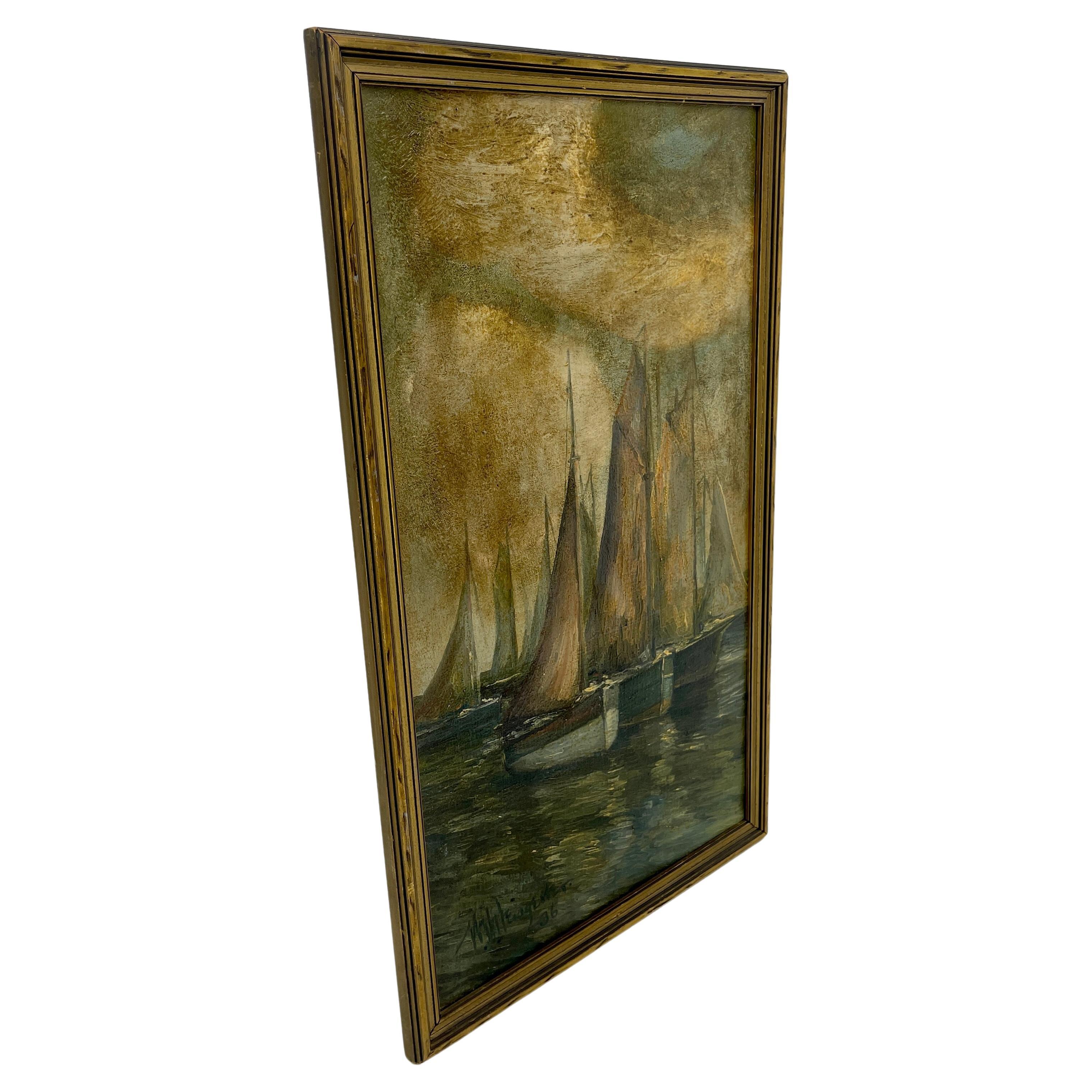 Hand-Painted Mid-Century Sailboats on Water Signed Oil Painting, Vertical Framed Composition