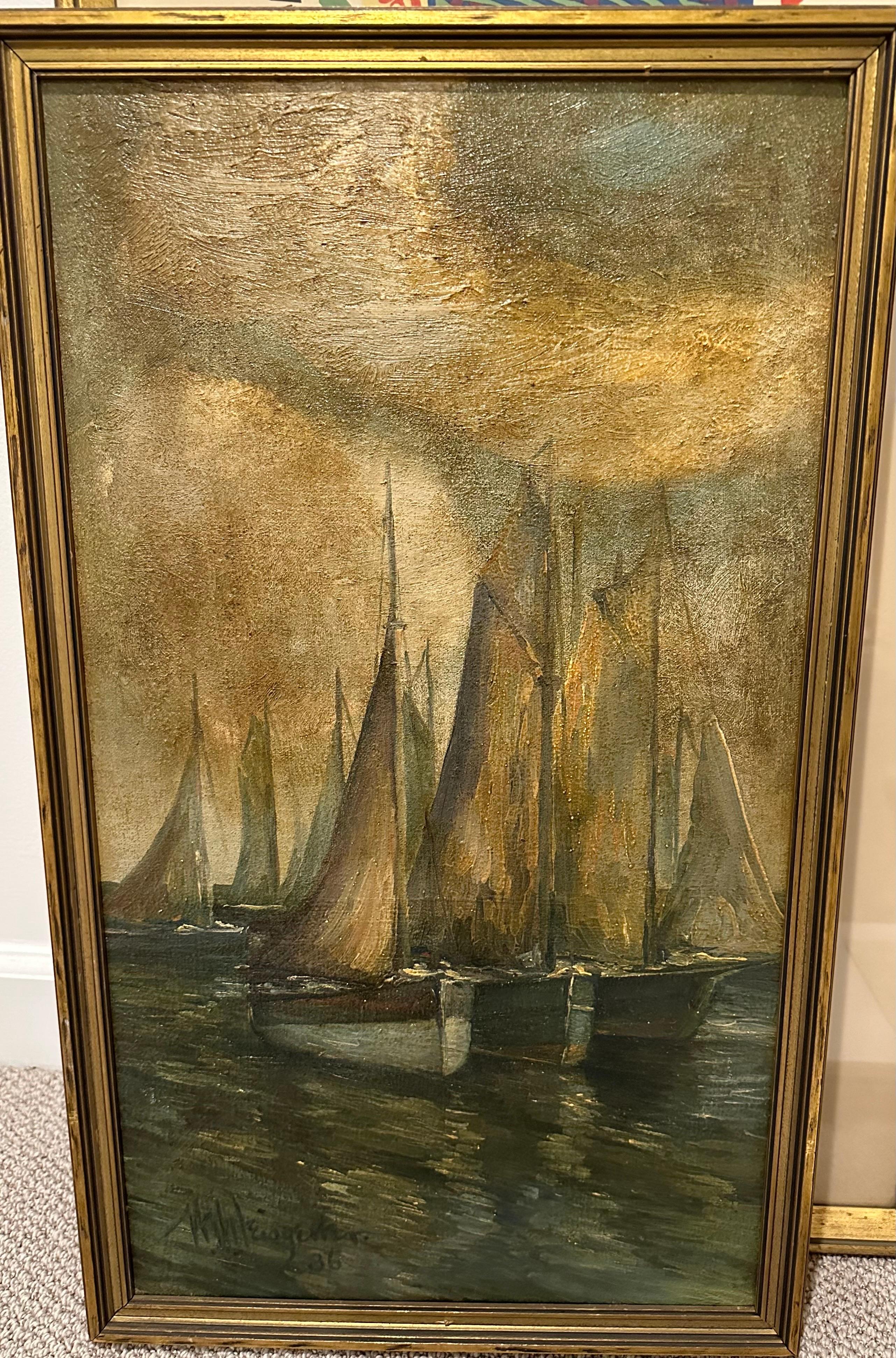 20th Century Mid-Century Sailboats on Water Signed Oil Painting, Vertical Framed Composition