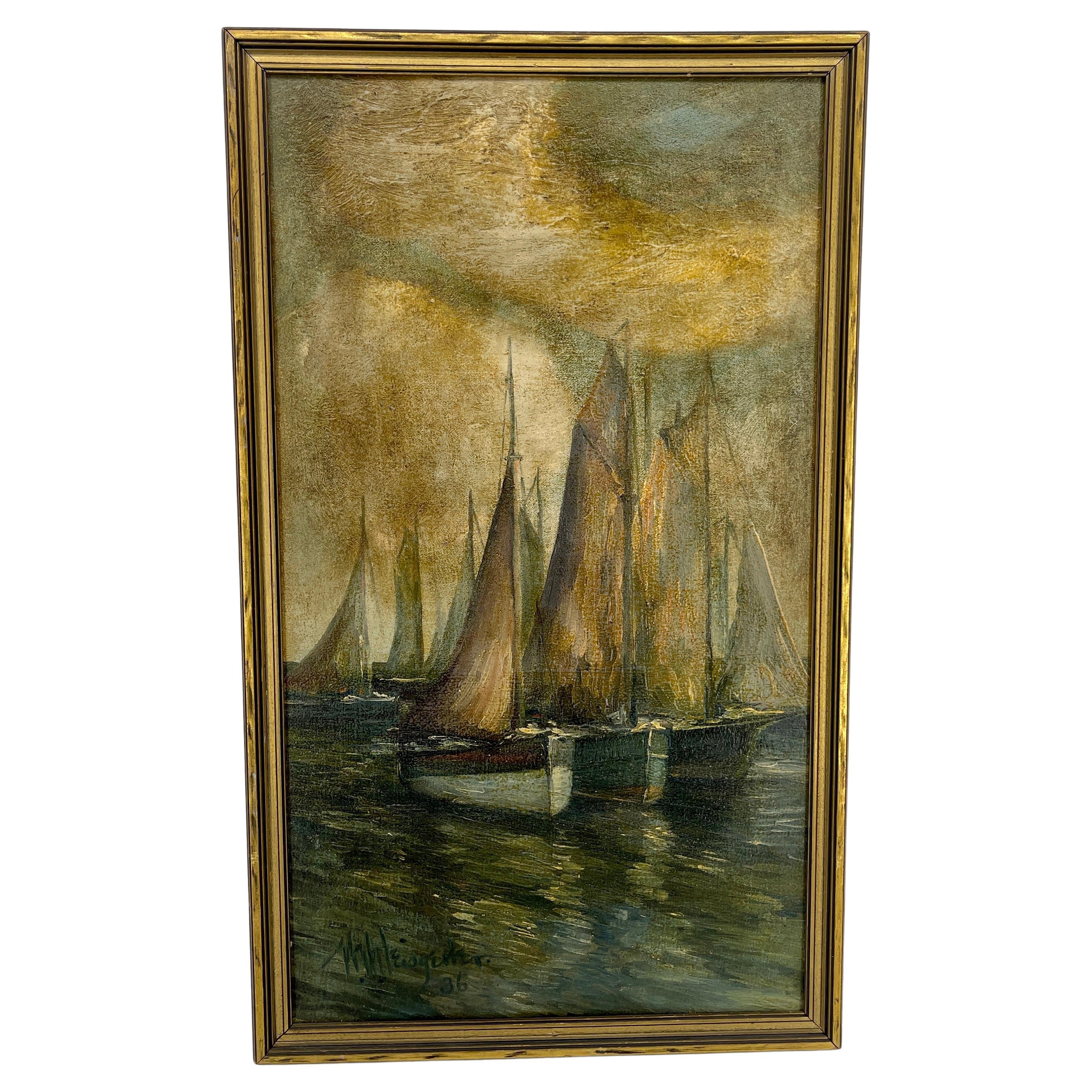 Mid-Century Sailboats on Water Signed Oil Painting, Vertical Framed Composition