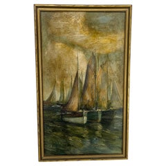 Midcentury Sailboats on Water Signed Oil Painting, Vertical Framed Composition