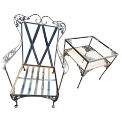 Ensemble 2 pièces Salterini Chaise longue et table en fer forgé du milieu du siècle dernier