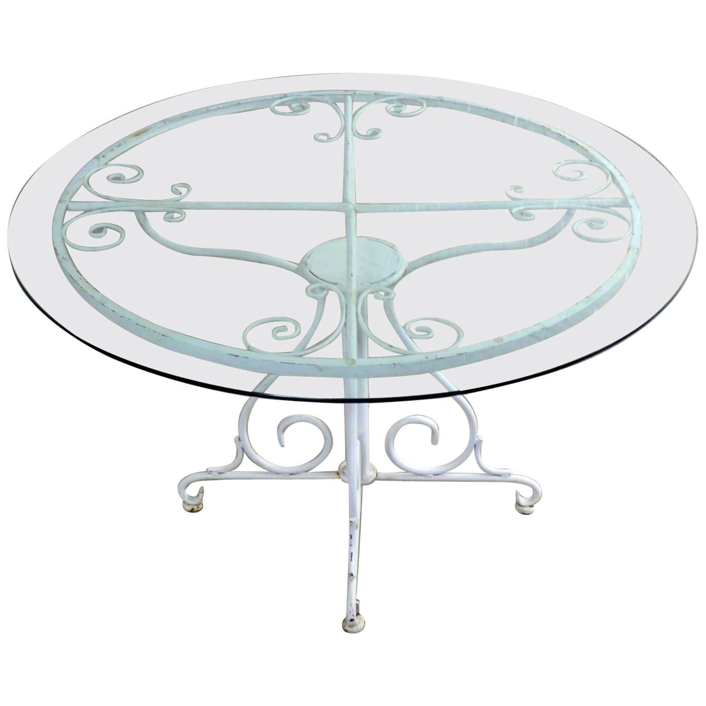 Wrought Iron Table with Textured Glass Top after Salterini at 1stDibs