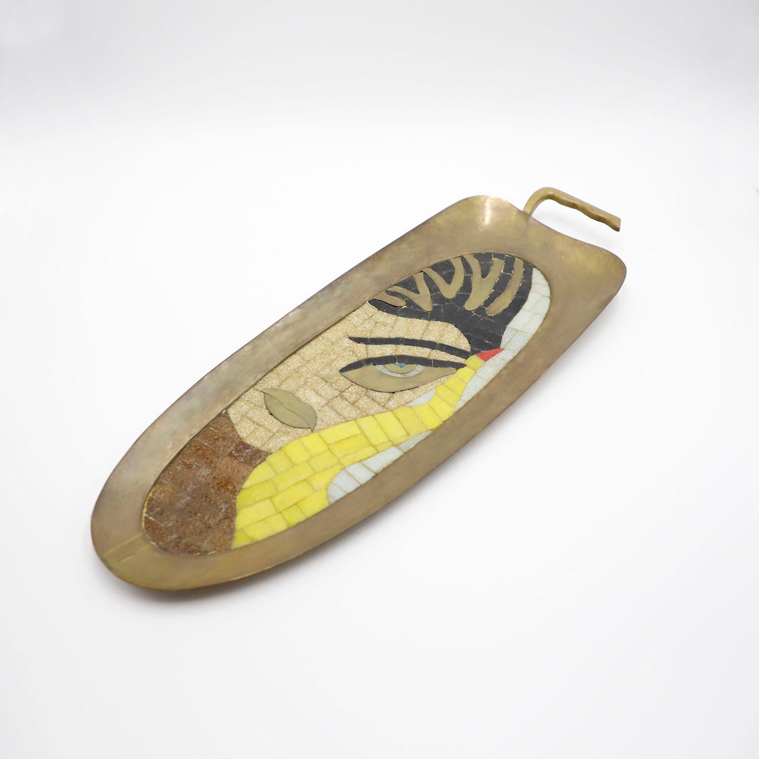 Circa 1960. We offer this modernist brass and mosaic glass tray designed by Salvador Teran . Known for his jewelry and vibrant glass mosaic and metal decorative pieces, Teran was an accomplished artist who worked alongside the Los Castillo for many