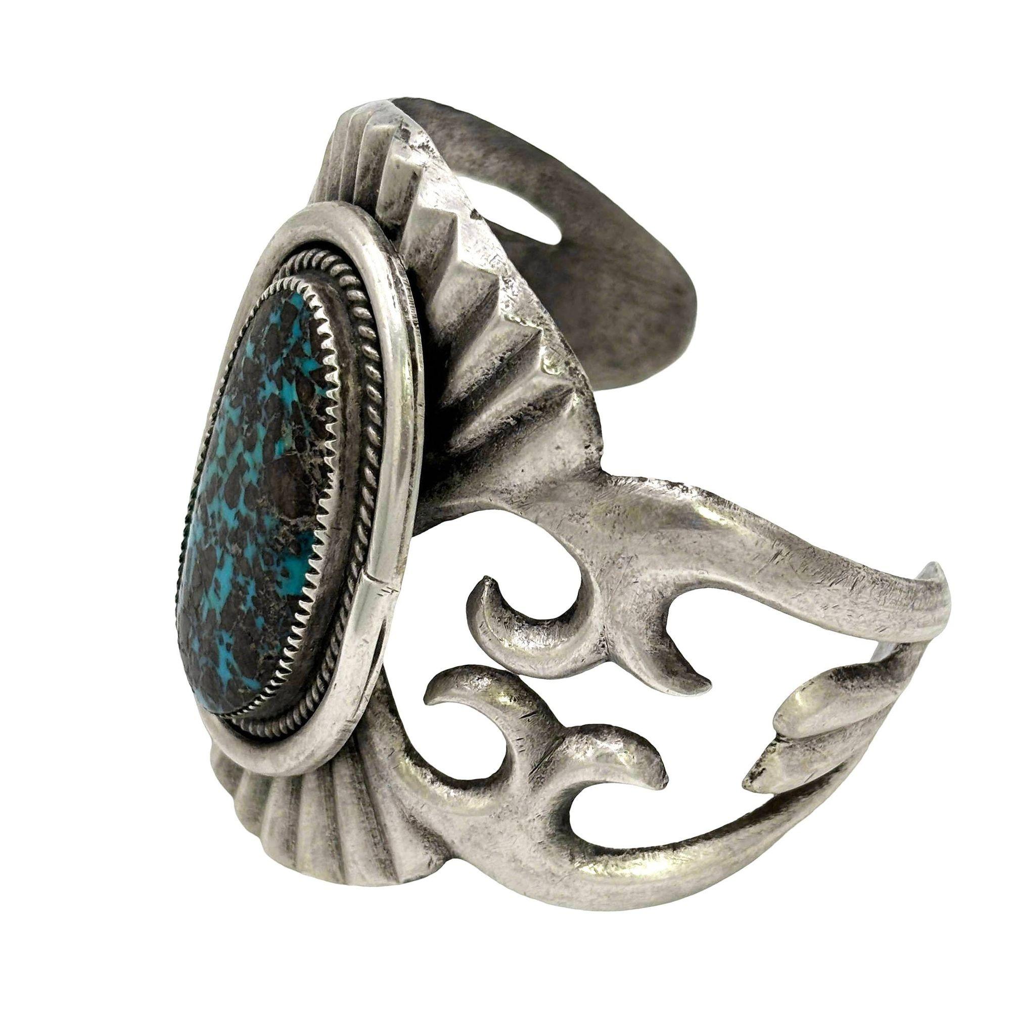 Mid-Century Modern Mid-century Sand Cast Sterling Silver Navajo Cuff Bracelet w/ Turquoise Stone For Sale