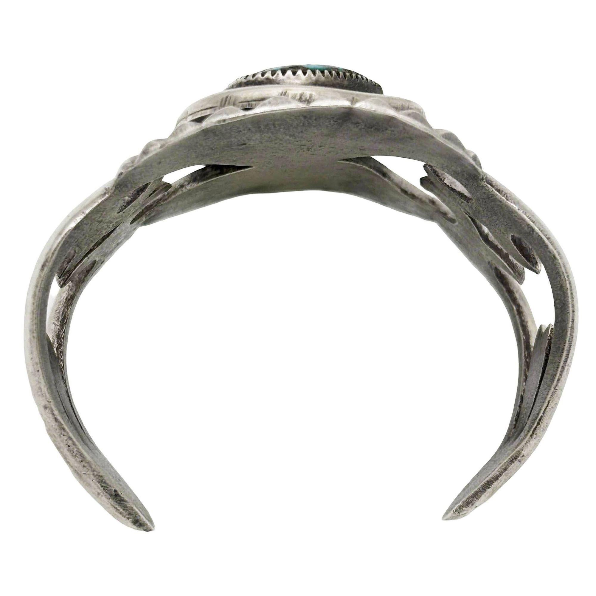 American Mid-century Sand Cast Sterling Silver Navajo Cuff Bracelet w/ Turquoise Stone For Sale