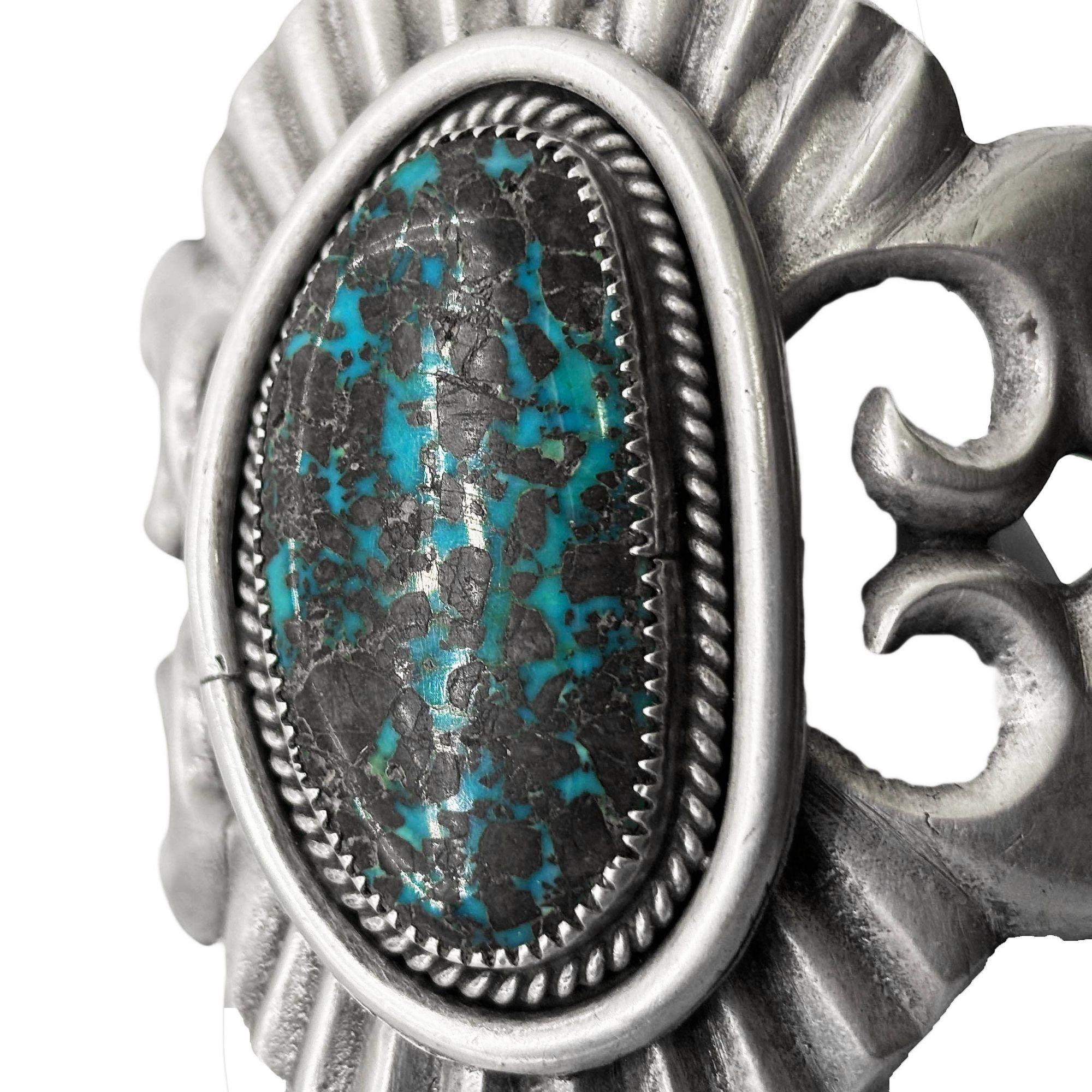 Mid-20th Century Mid-century Sand Cast Sterling Silver Navajo Cuff Bracelet w/ Turquoise Stone For Sale