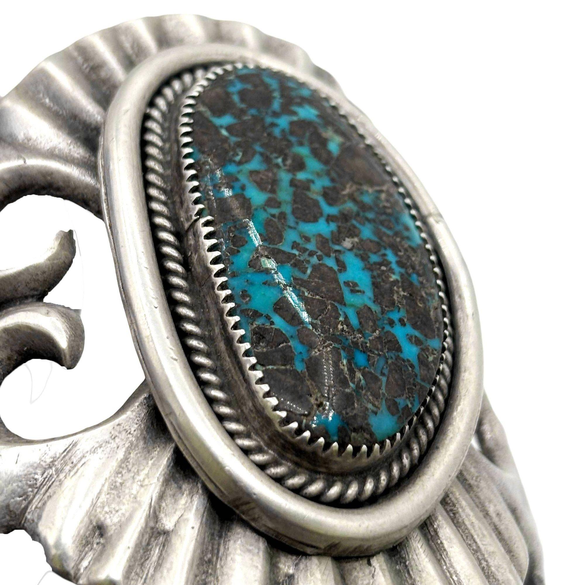 Mid-century Sand Cast Sterling Silver Navajo Cuff Bracelet w/ Turquoise Stone For Sale 1