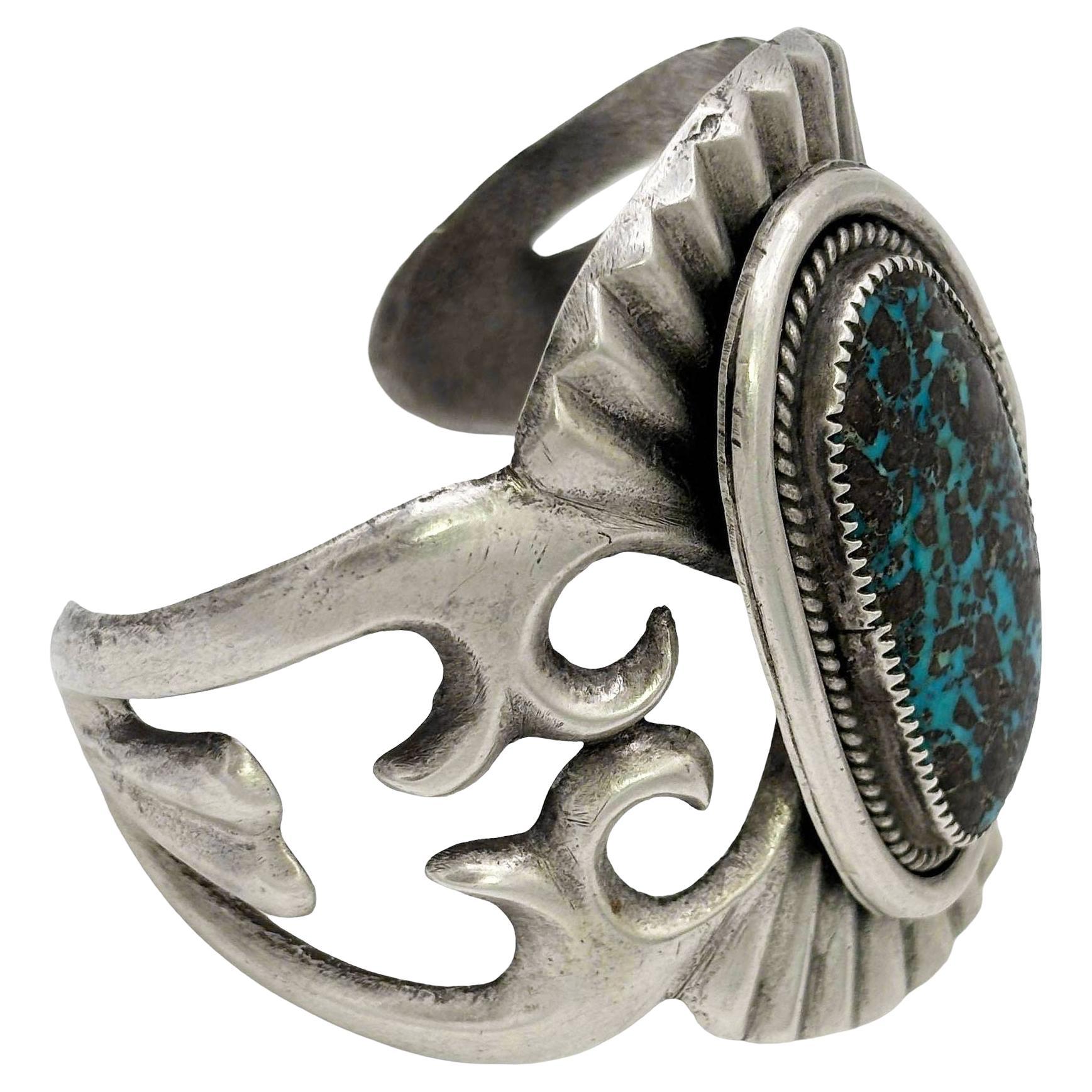 Mid-century Sand Cast Sterling Silver Navajo Cuff Bracelet w/ Turquoise Stone For Sale