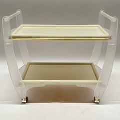 Mid Century Sandblasted Lucite and Brass Rolling Bar Cart or Tea Trolley